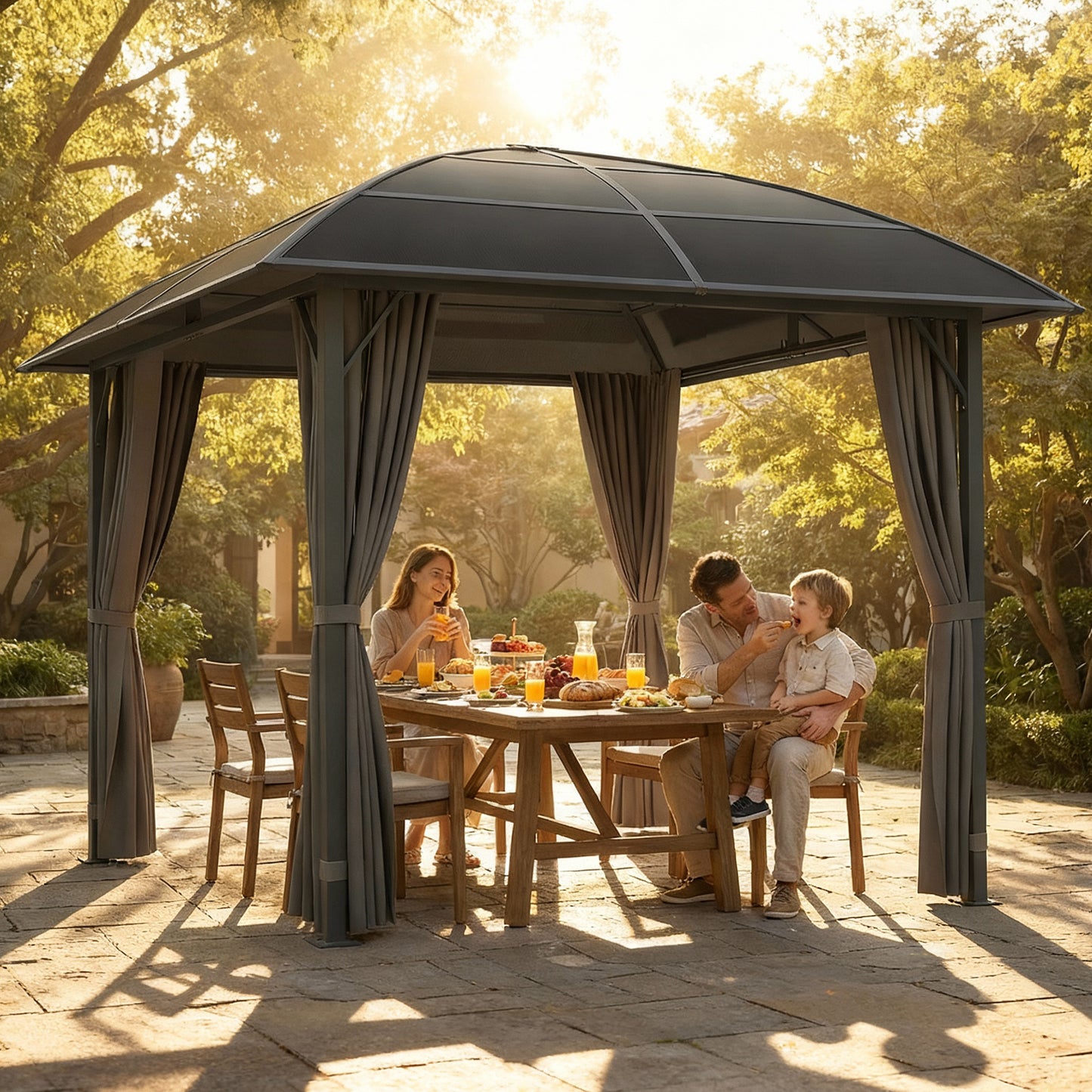10' x 10' Outdoor Hardtop Gazebo Canopy with UV50+ Polycarbonate Roof, Steel Frame, Central Hook, Curtains, Light Grey