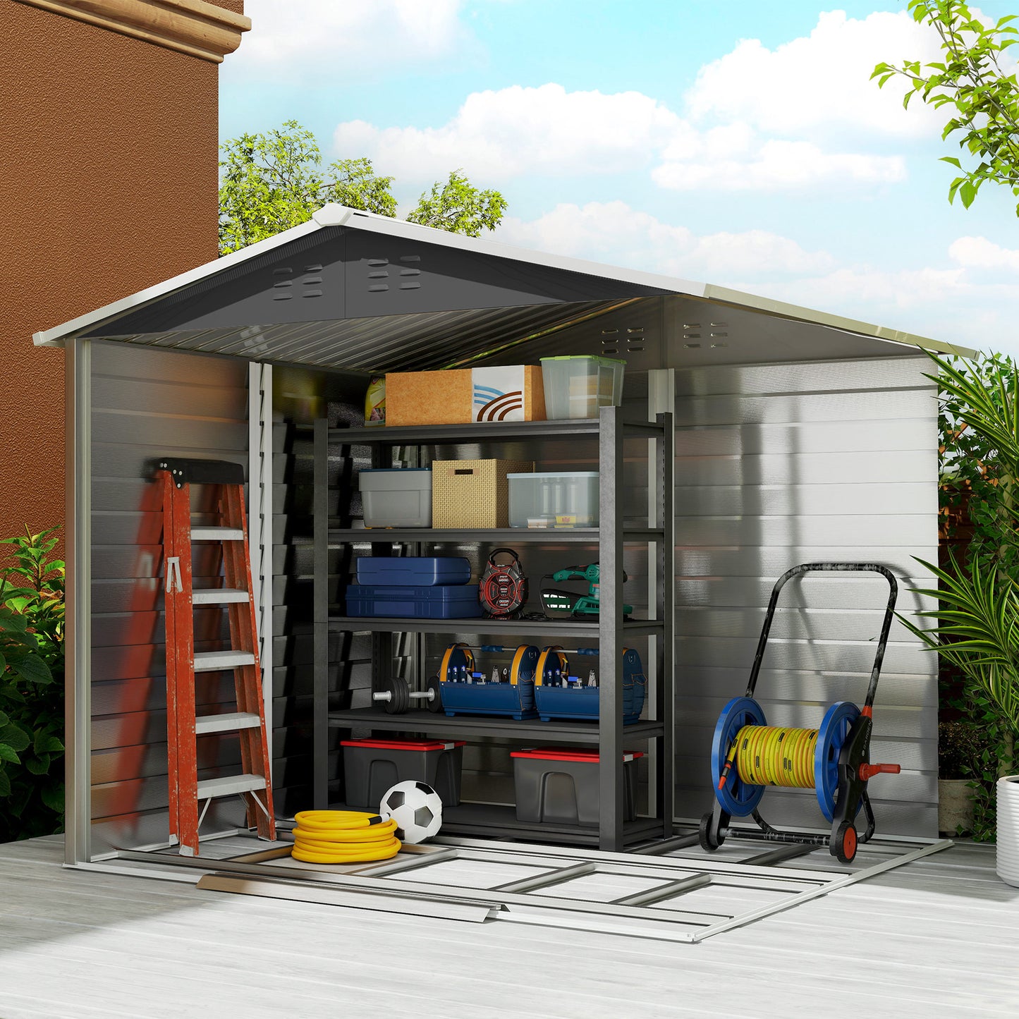 8' x 7' Outdoor Storage Shed, Easy to Assemble, Upgraded Galvanized Metal Garden Shed with Lockable Doors, Floor Frame and Gloves for Backyard, Lawn, Patio, Dark Grey