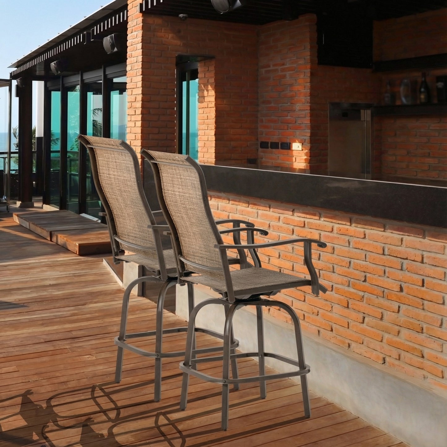 Outdoor Bar Stools Set of 2, Swivel Bar Height Chairs with High Back, Curved Armrests and Steel Frame for Balcony, Brown