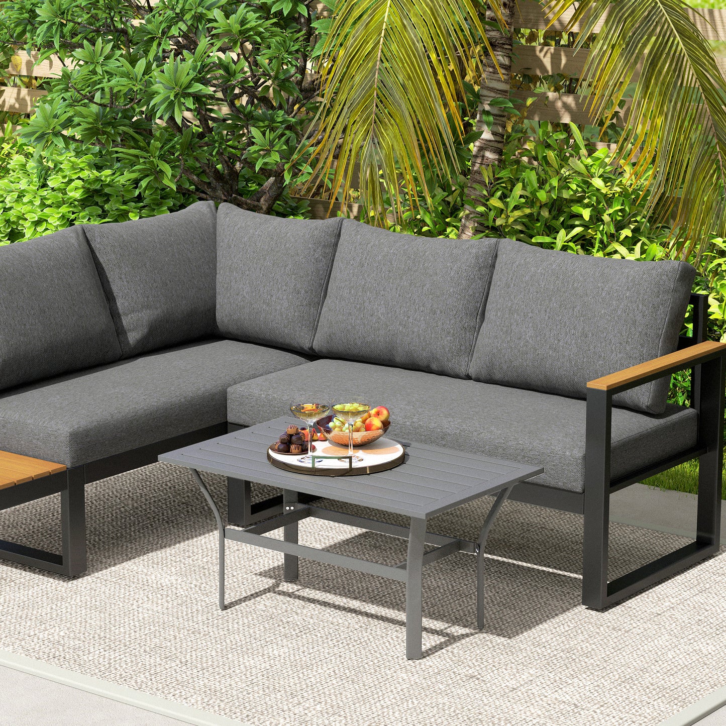 Outdoor Side Table with Slatted Tabletop, Metal Patio Coffee Table for Garden, Balcony, Black