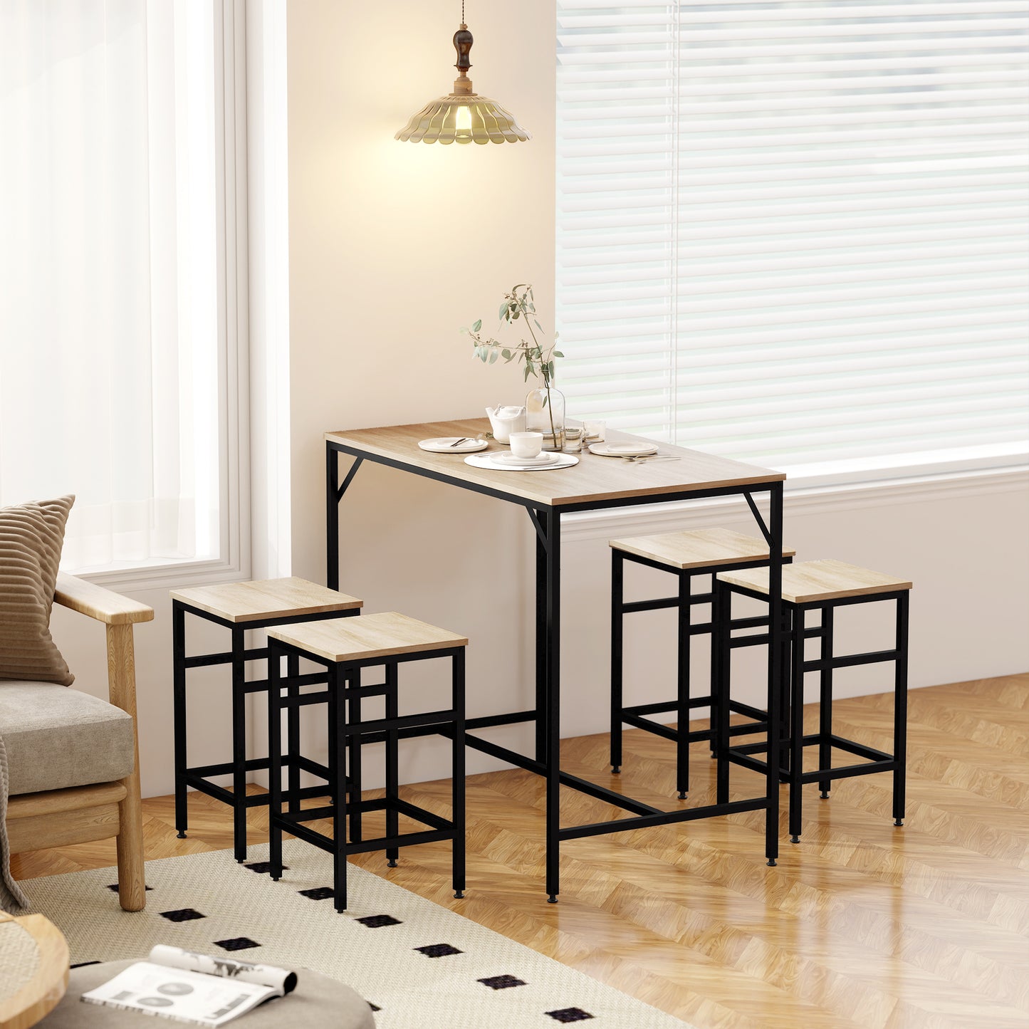 5 Pieces Industrial Rectangular Bar Table Set, Dining Table Set Breakfast Table with 4 Stools for Dining Room, Kitchen, Dinette, Oak
