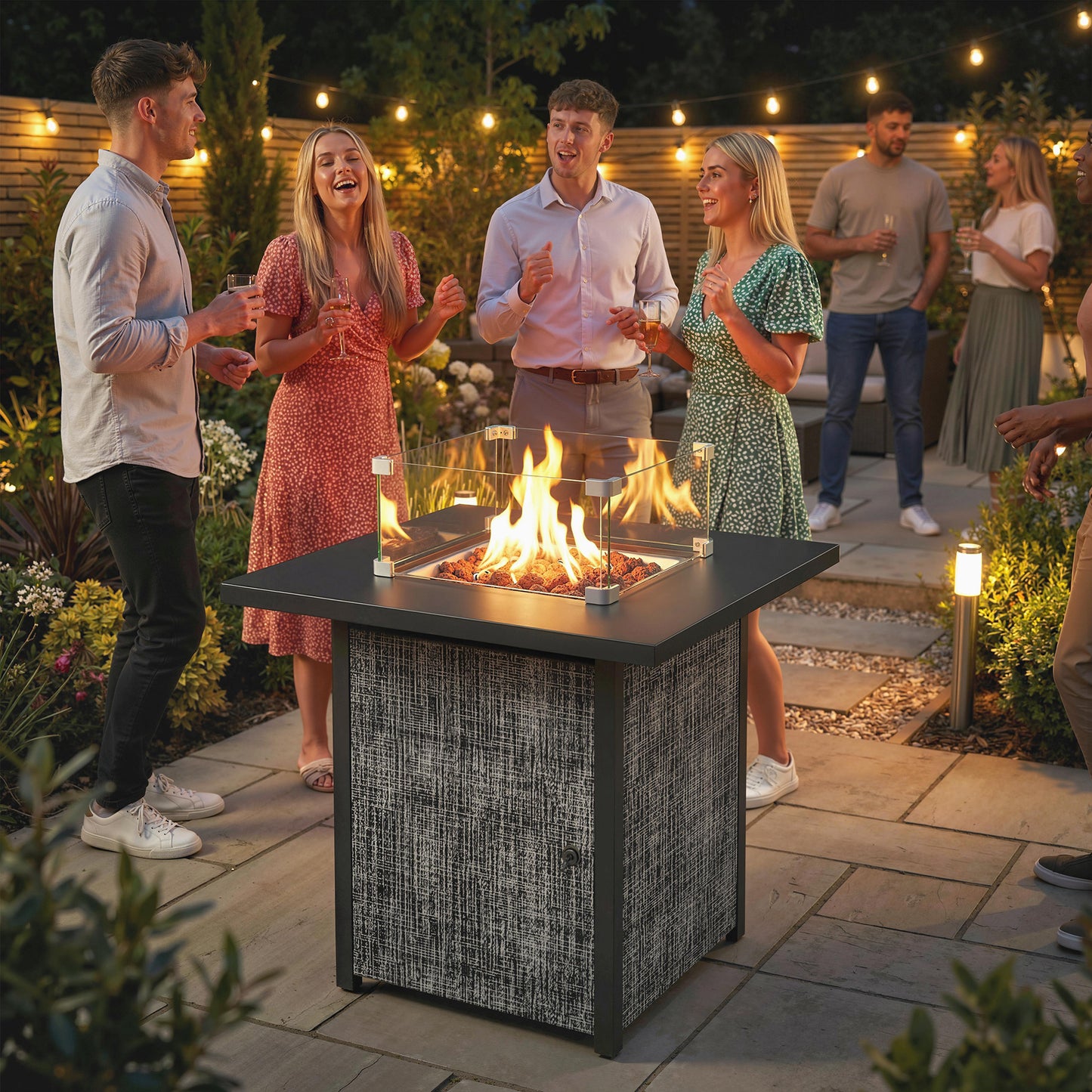 Propane Fire Pit Table, 28 Inch Gas Fire Pit with Explosion-Proof Net and Glass Wind Guard, Gas Tank Holder