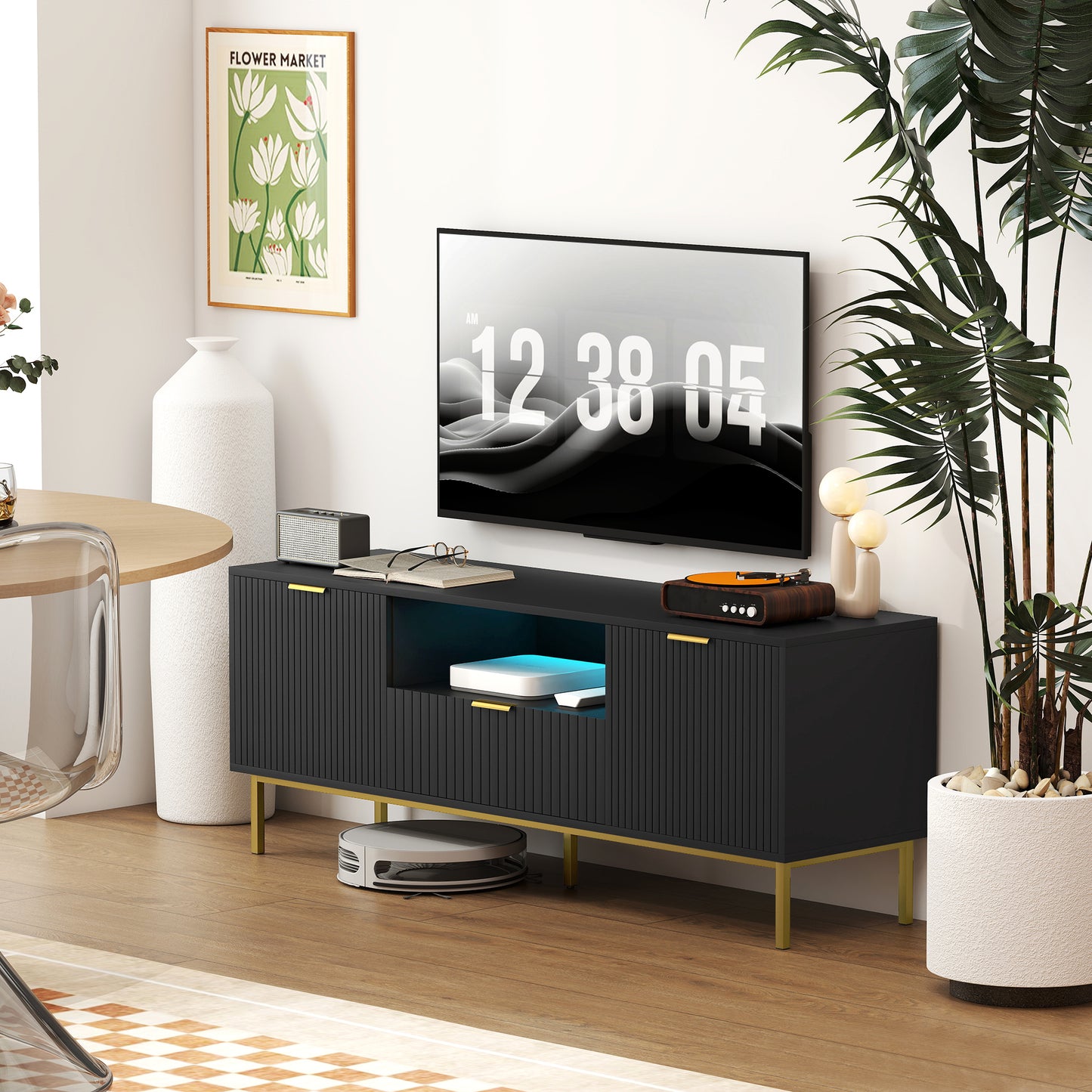 Modern TV Console for TVs up to 60 Inch, Entertainment Center with Smart RGB LED Lights and Soft Close Doors, Black