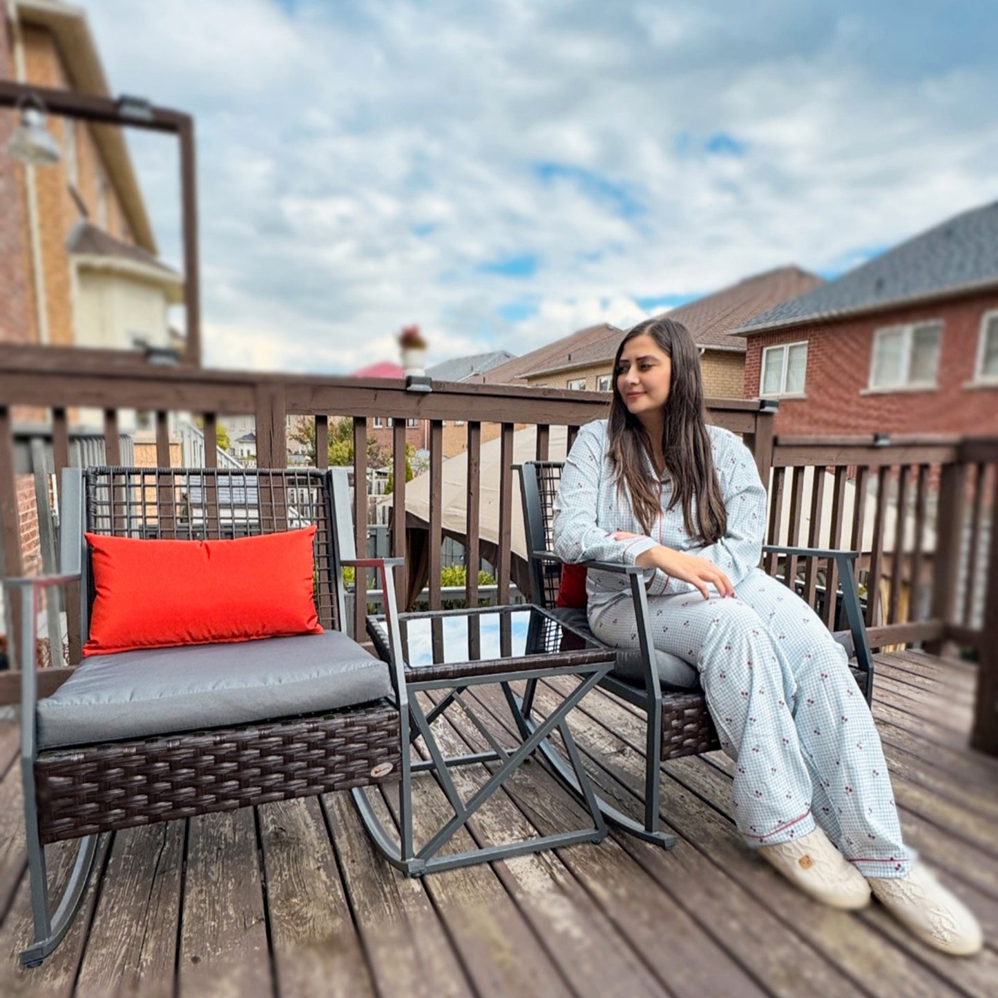 3 Pieces Rocking Bistro Set, Wicker Patio Furniture Set with Cushions and Glass Table for Porch, Balcony, Grey
