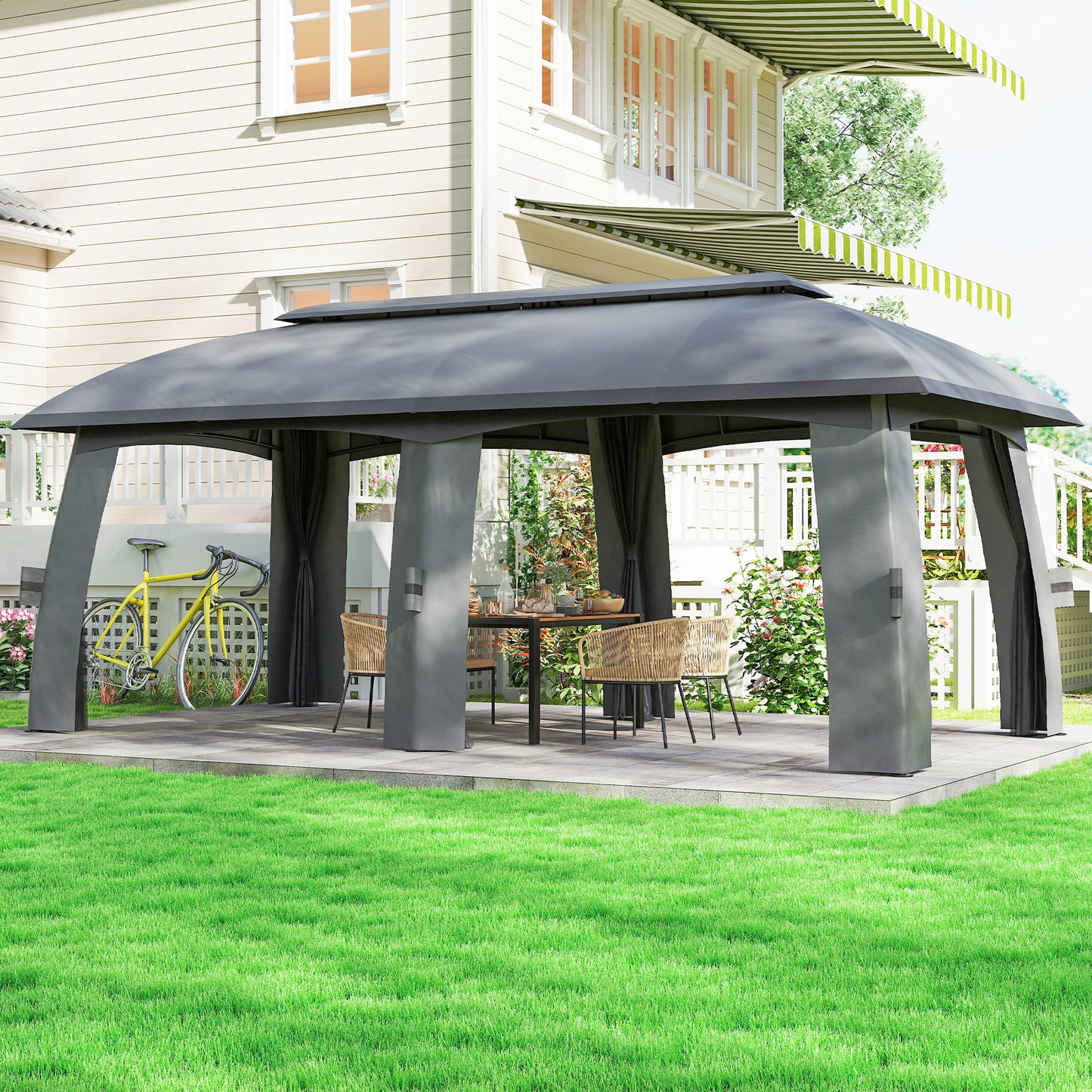 10' x 20' Patio Gazebo, Outdoor Gazebo Canopy Shelter with Netting, Vented Roof for Garden Dark Grey