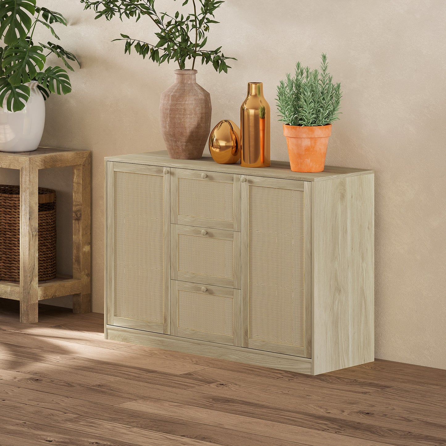 Boho Sideboard Buffet Cabinet, Kitchen Coffee Bar Cabinet with 3 Drawers, 2 Adjustable Shelves and 4 Racks, Natural