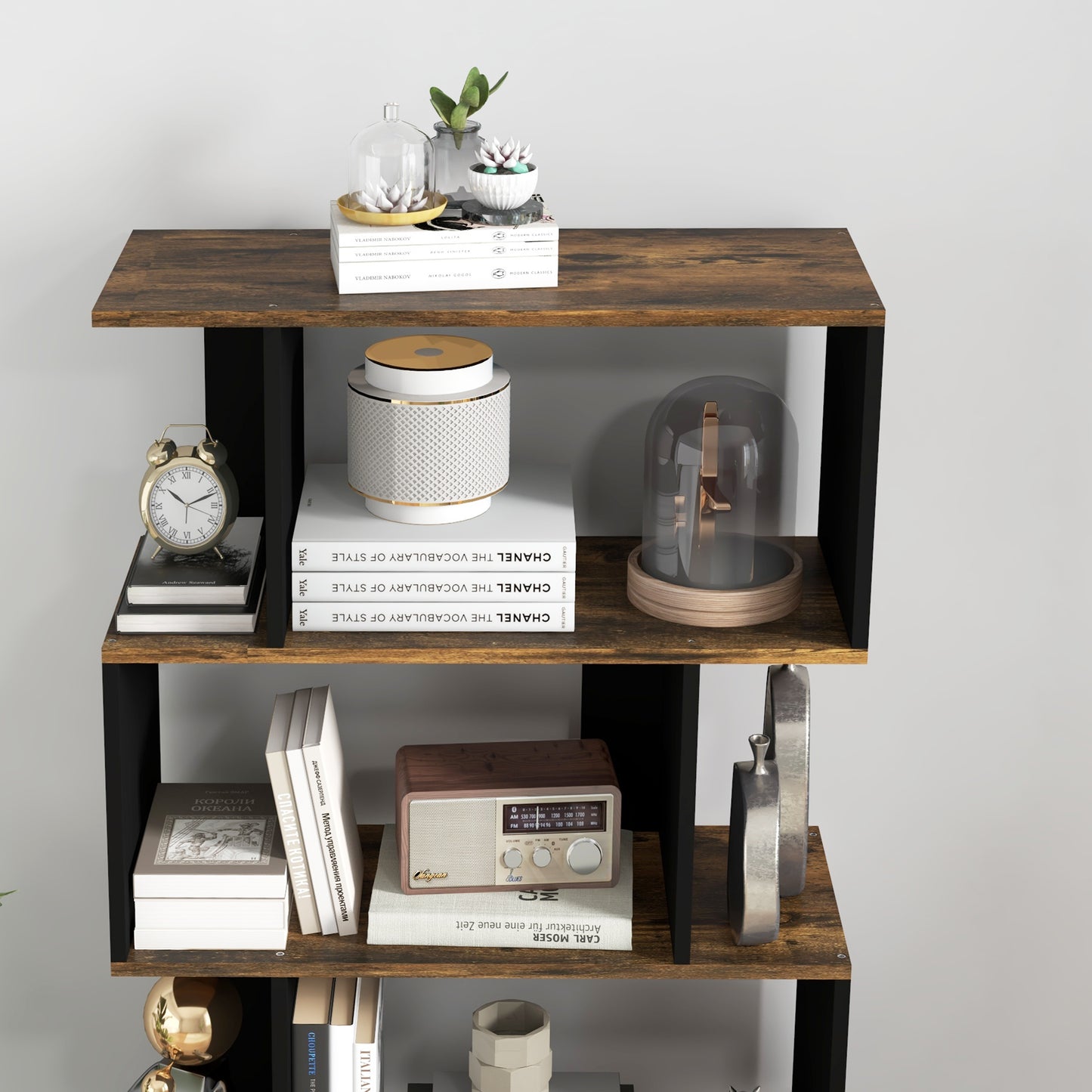 5-Tier Bookshelf, Geometric S-Shaped Bookcase, Tall Narrow Display Shelf for Living Room, Study Room, Rustic Brown