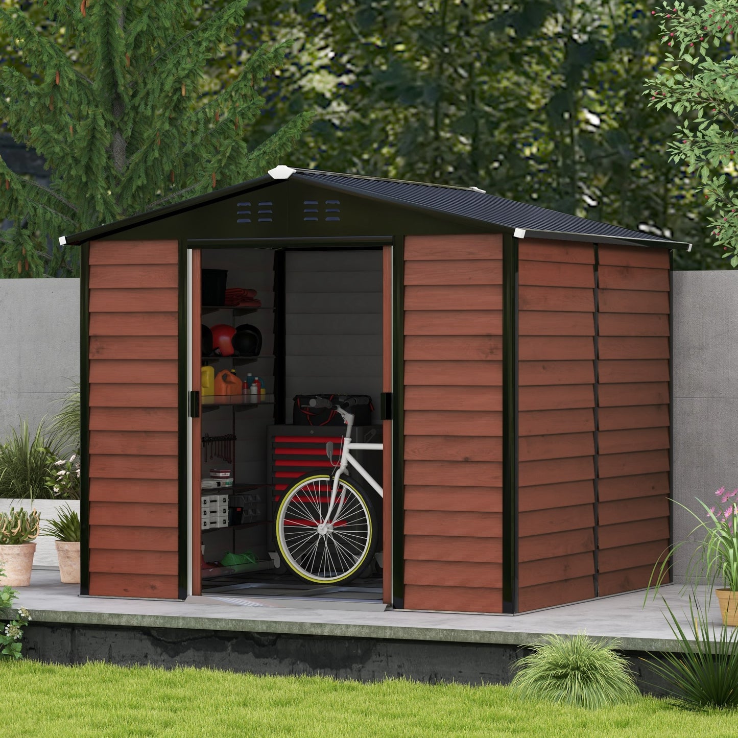 8' x 7' Outdoor Storage Shed, Galvanized Steel Metal Garden Shed with Lockable Doors, Floor Frame, Vents, Lock and Gloves for Backyard, Lawn, Patio, Teak