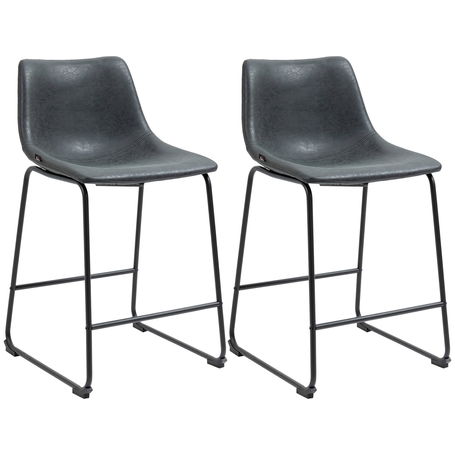 Counter Height Bar Stools Set of 2, Vintage PU Leather Bar Chairs, Kitchen Stool with Footrest, Black