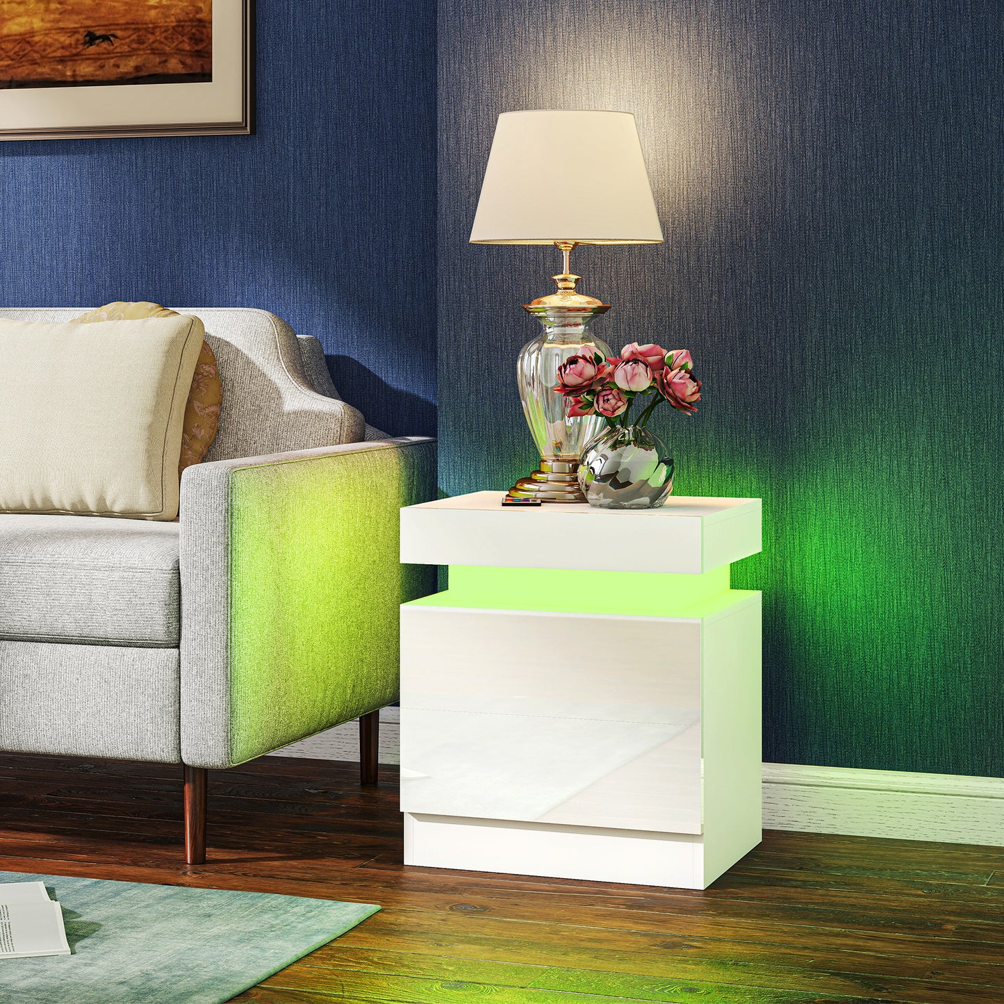 Nightstand Set of 2, End Side Tables with LED Lights, Bedside Tables with 2 Drawers, for Bedroom, White