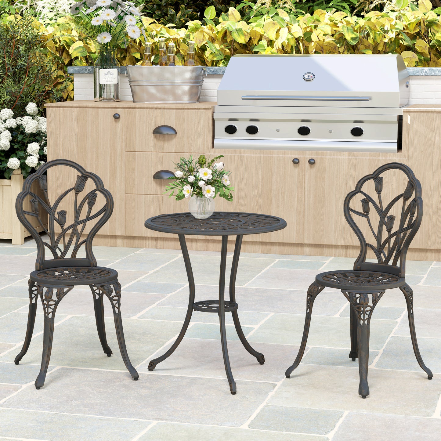 3PCs Patio Bistro Set, Outdoor Cast Aluminum Garden Table and Chairs with Umbrella Hole for Balcony, Bronze