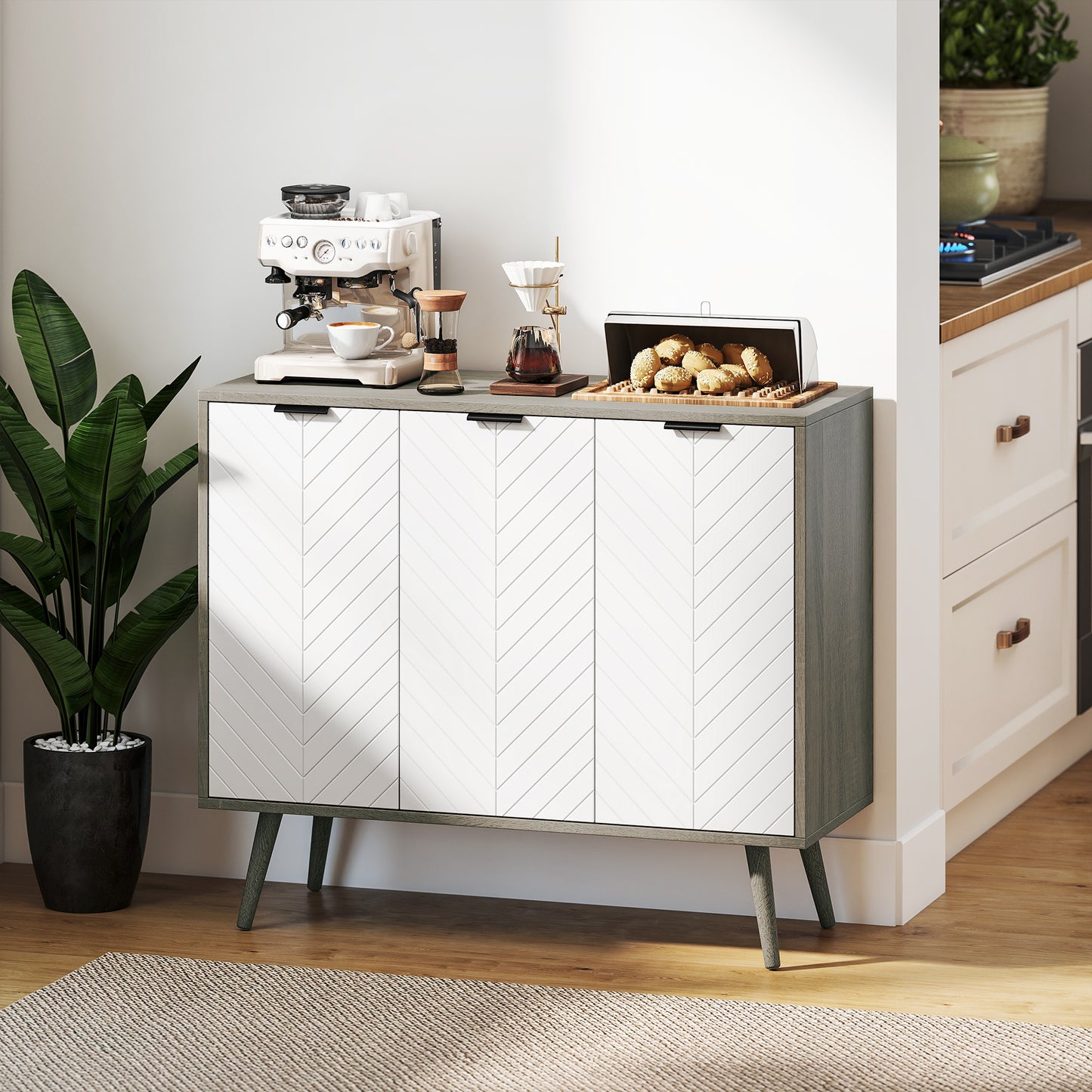 Modern Sideboard and Buffet, Dining Room Cabinet with Adjustable Shelves and 3 Doors, Grey