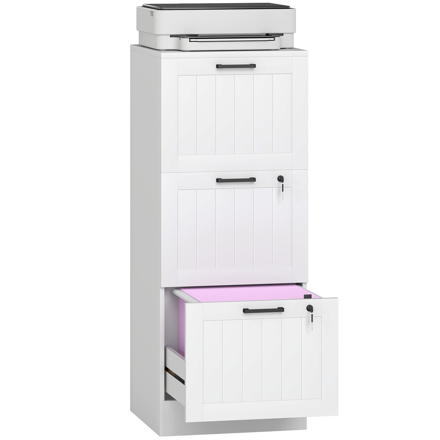 3 Drawer Filing Cabinet with Lock, Office Storage Cabinet with Adjustable Hanging Bars for A4 Letter Size Files, White