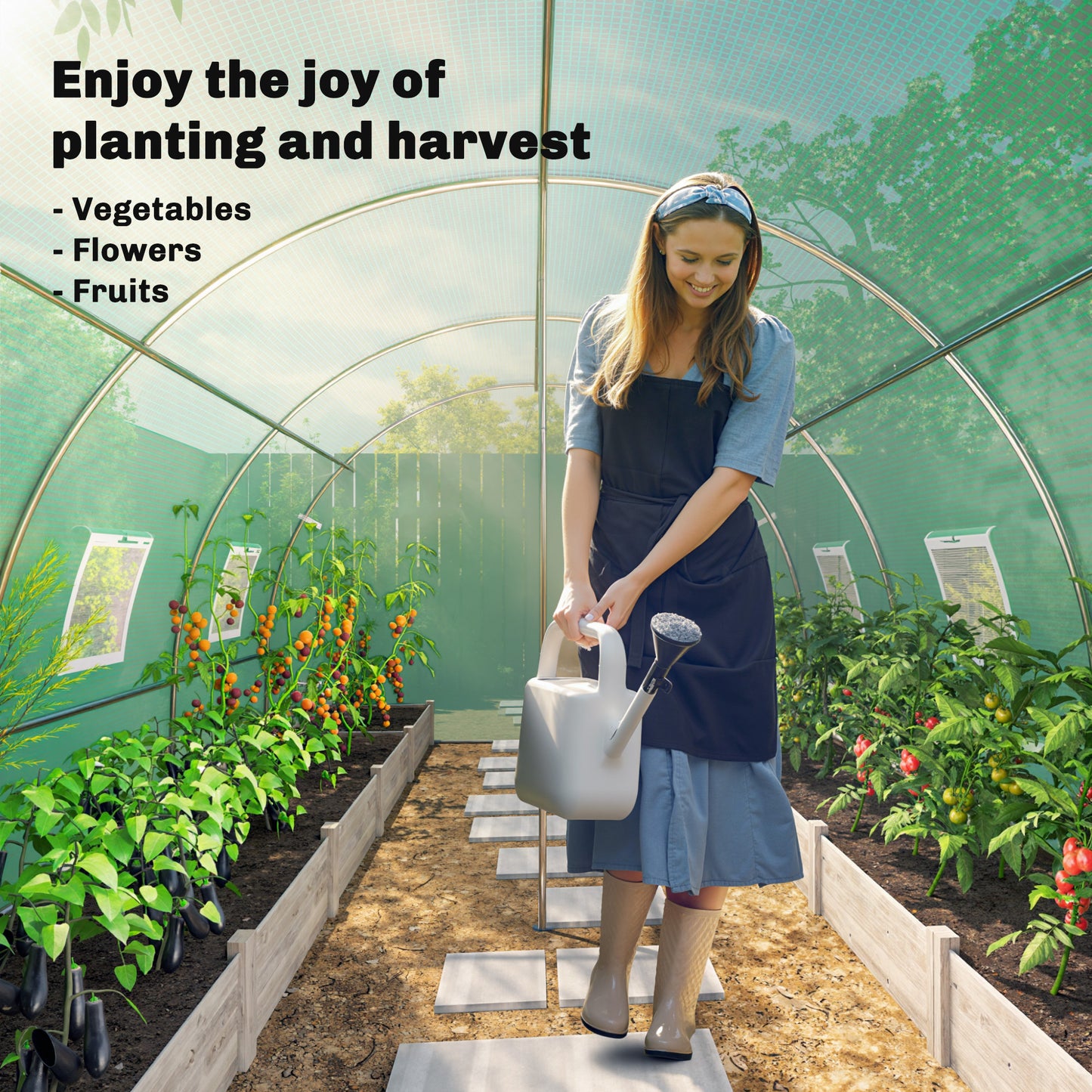 Walk-in Tunnel Greenhouse, Plant Hot House w/ Support Rods, Roll-up Mesh Door, Mesh Windows, 13'x9.8'x6.6', Green