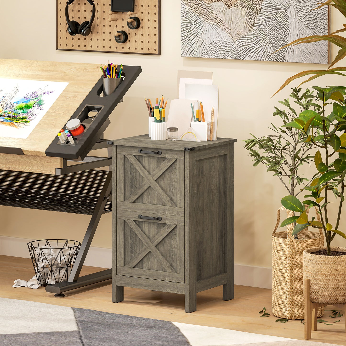 Vertical Filing Cabinet with 2 Drawers, Rustic Farmhouse Office Storage Cabinet for A4, Letter Size, Grey Wash