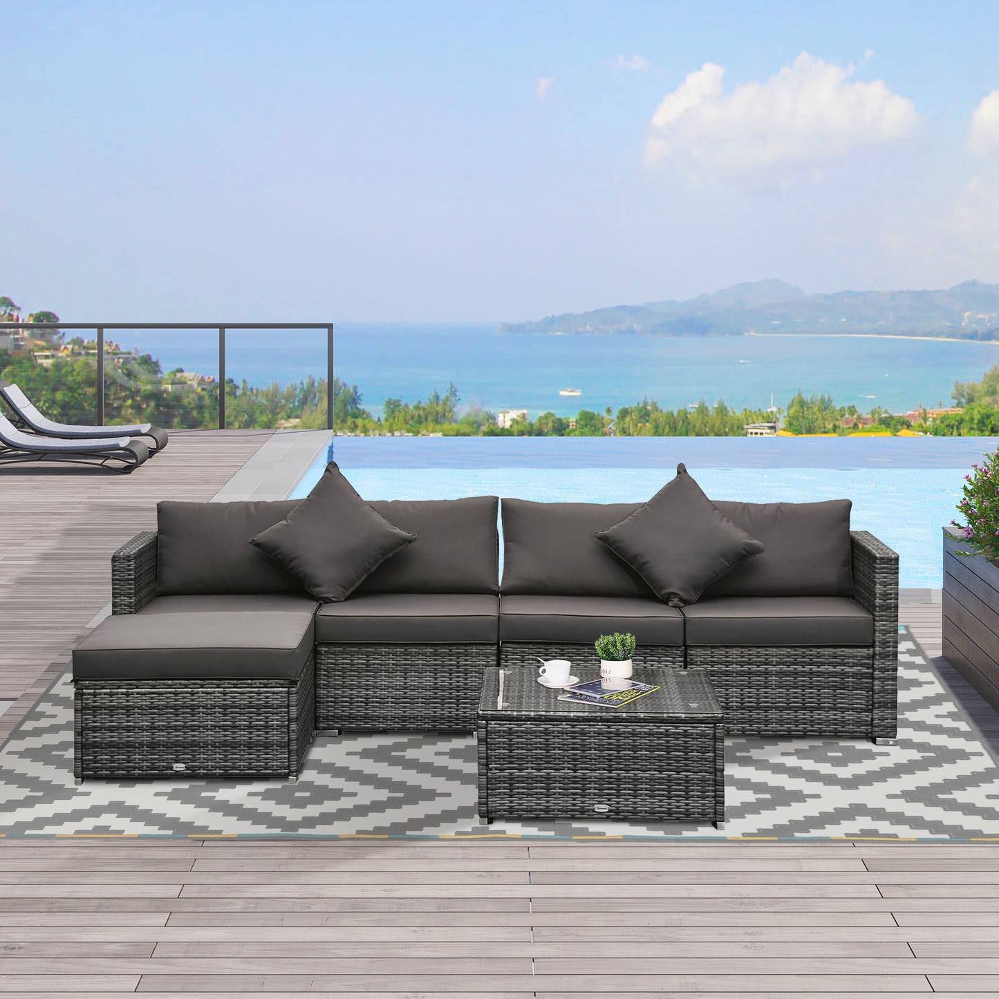 6 Pieces Outdoor PE Rattan Wicker Patio Furniture Sofa Set with Thick Cushions, Deluxe Garden Sectional Couch with Glass Top Table, Mixed Grey and Dark Grey