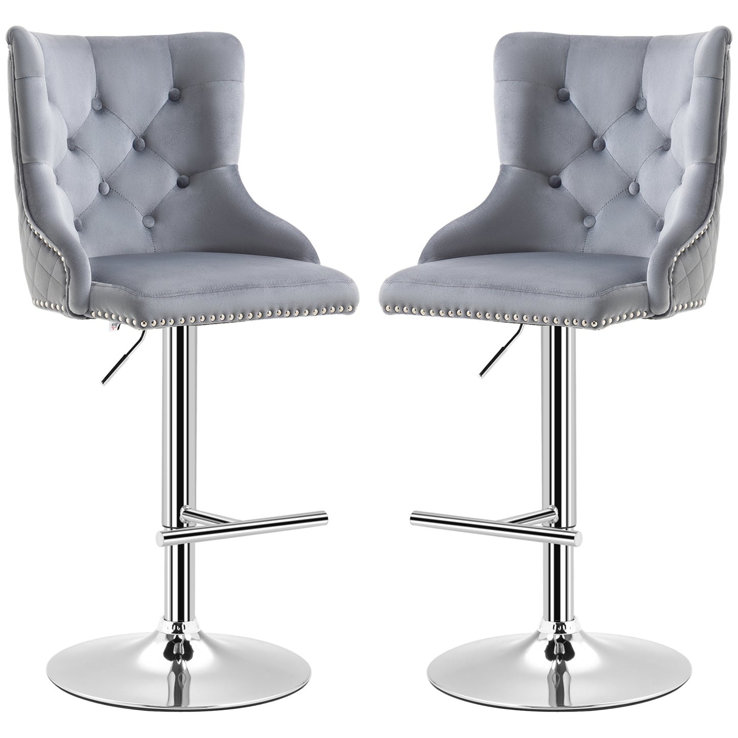 Modern Adjustable Bar Stools Set of 2, Swivel Velvet Barstools, Counter Height Bar Chairs with Button Tufted Back, Footrest, Nailhead Trim for Home Bar, Grey