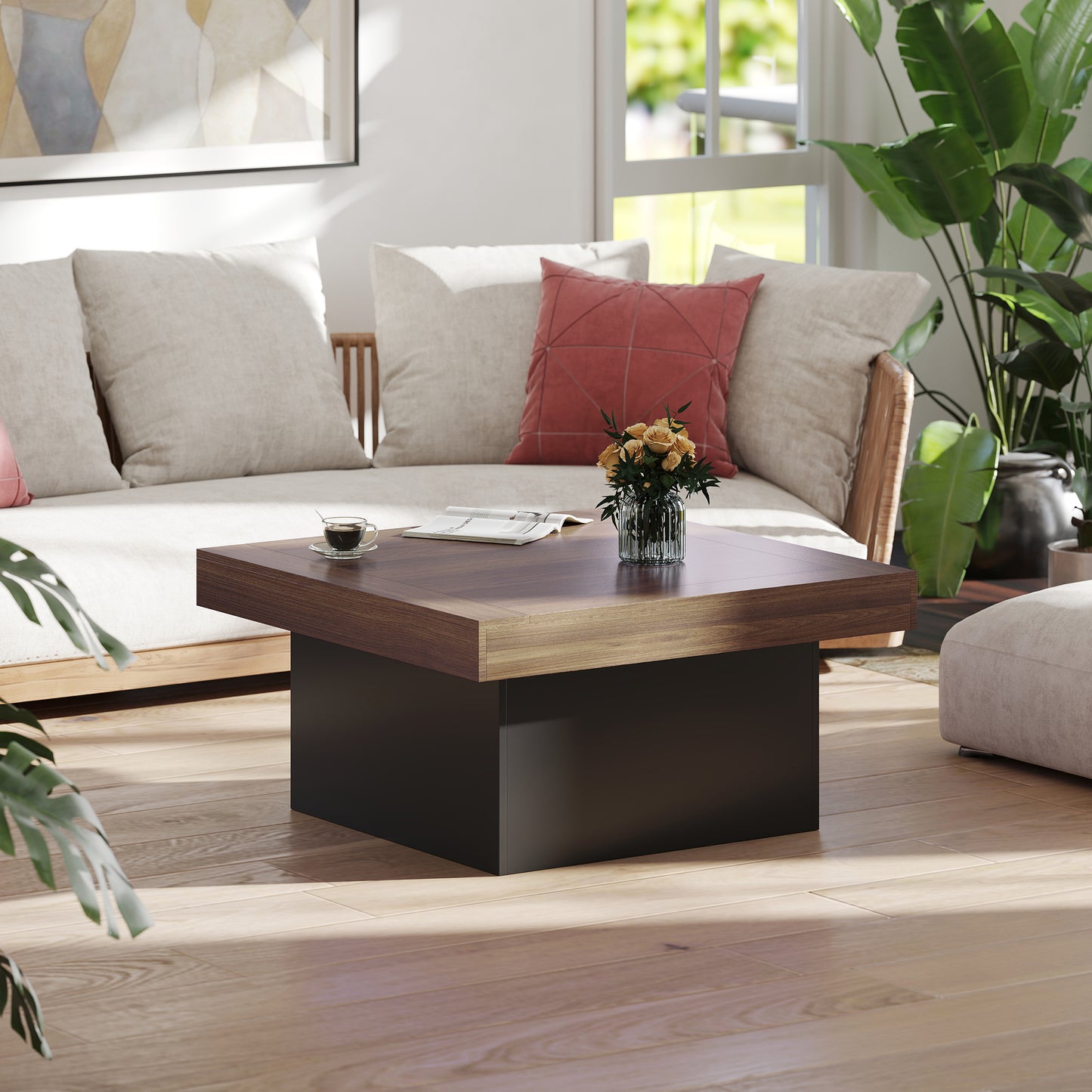 Square Coffee Table with 16-Colour LED Lights, 35-inch Modern Center Table for Living Room, Walnut