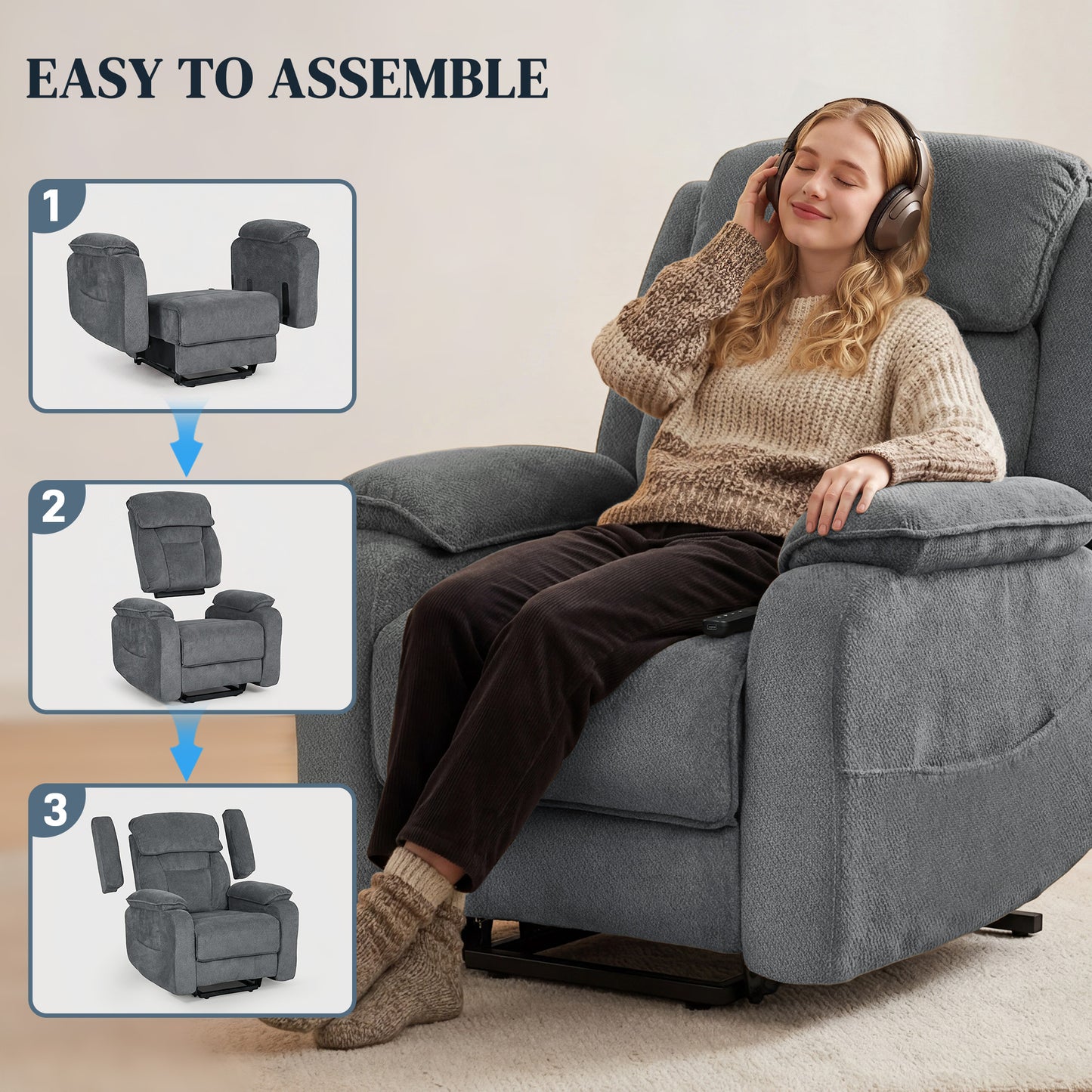 Power Recliner Chair with Massage, Electric Lift Chair for Elderly with Side Pockets, 2 Memory Positions, Remote, Grey