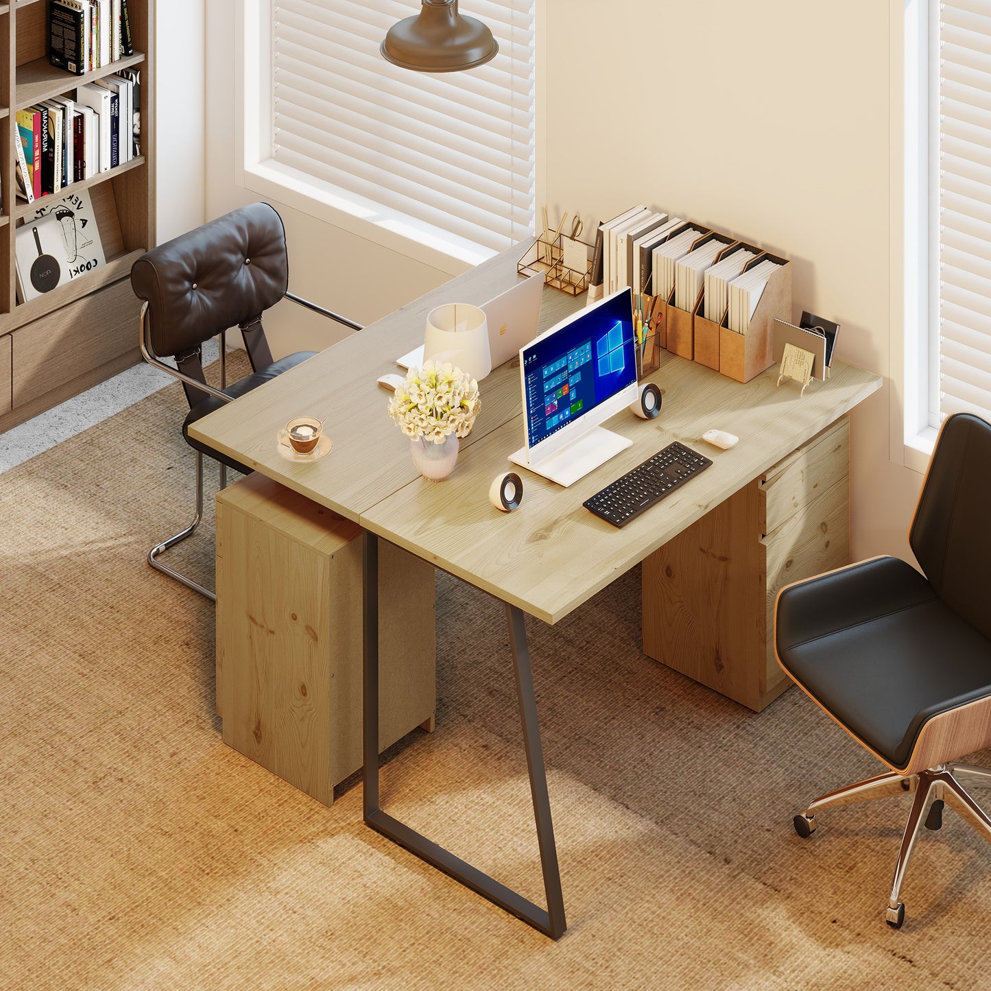53 Inch Computer Desk, Writing Table with Cabinet, Drawer, Adjustable Shelf for Home Office Study, Natural Wood