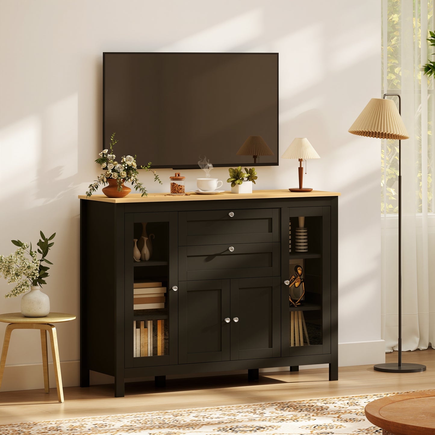 Buffet Cabinet Sideboard with 2 Drawers, 3 Storage Cabinets, Glass Doors and Adjustable Shelves, Dark Brown