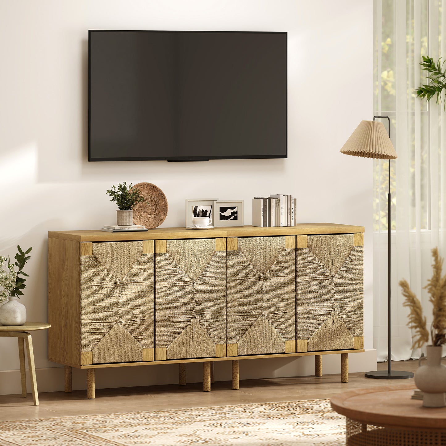 Handwoven Rope Accent Cabinet Boho Sideboard Buffet Cabinet with Push to Open Doors Adjustable Shelf Pine Wood Legs Oak