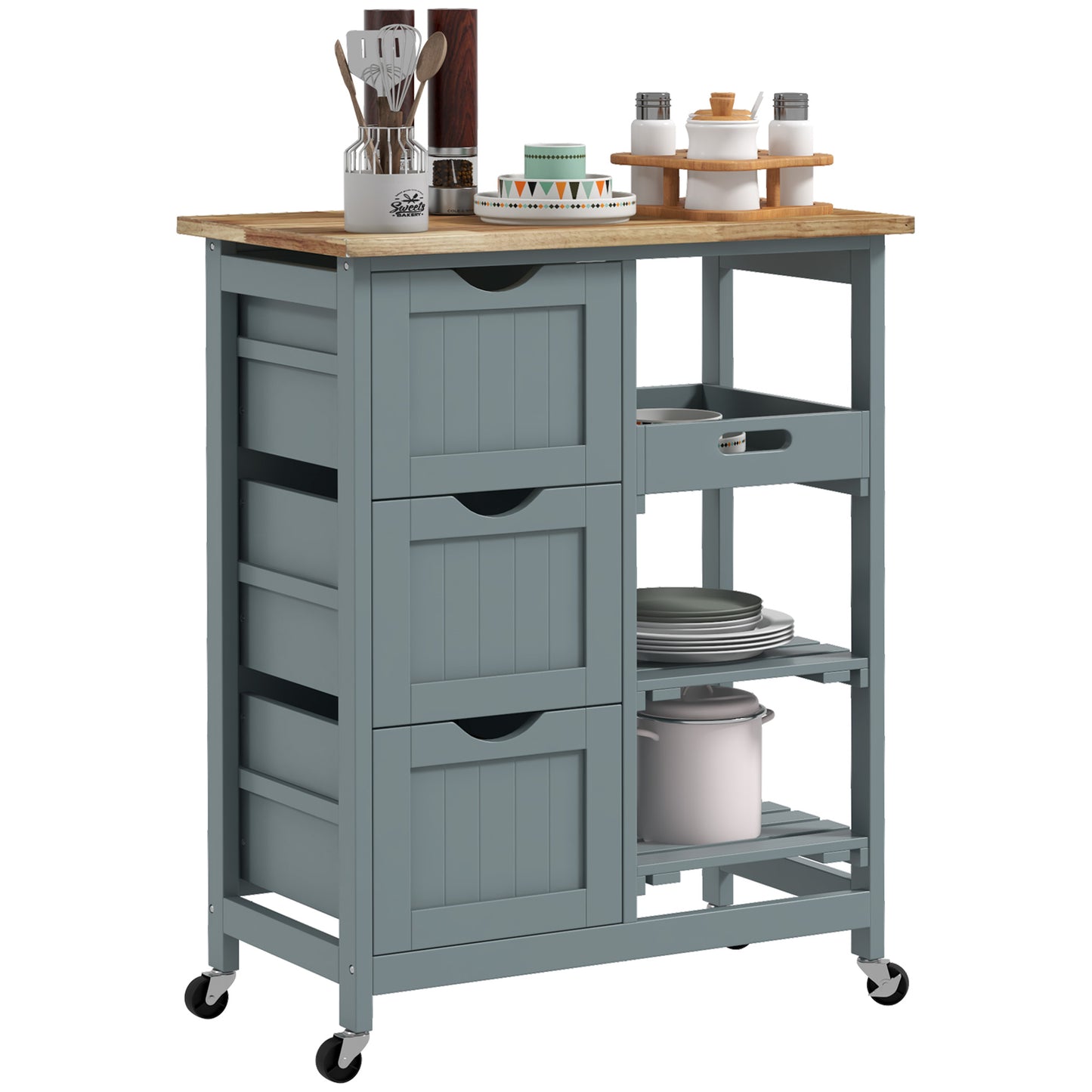 Kitchen Cart on Wheels, Rolling Kitchen Island Cart with Wood Top, 3 Drawers and Shelves for Home Dining Area
