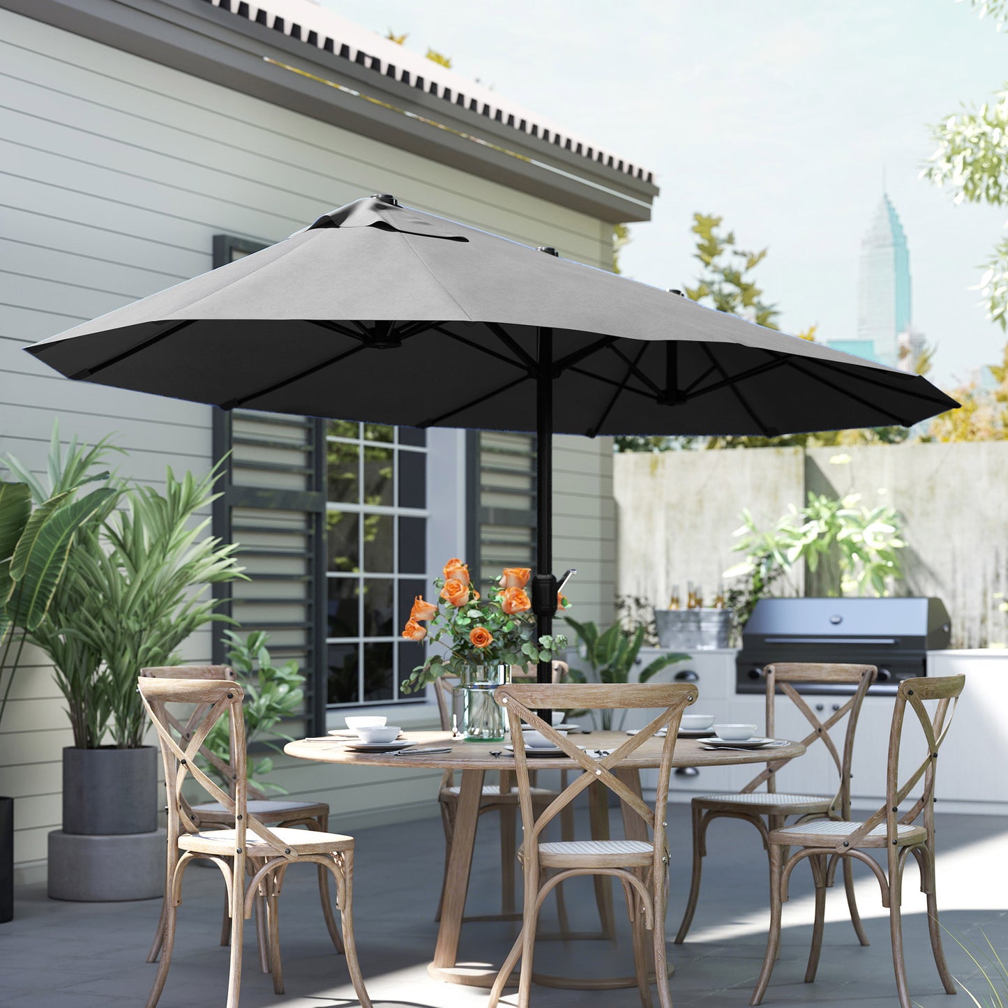 15ft Double-sided Outdoor Sun Umbrella with Twin Canopy, Outdoor Parasol with Crank for Pool, Deck, Black