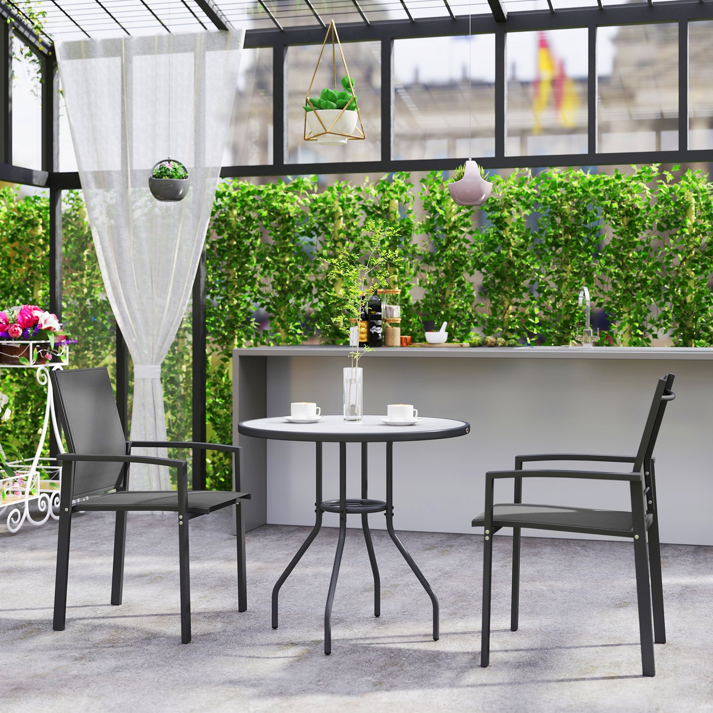 Set of 2 Outdoor Stackable Garden Dining Chairs, Patio Chairs with Breathable Fabric Seat, Armrests and Backrest for Patio, Balcony and Backyard, Dark Grey