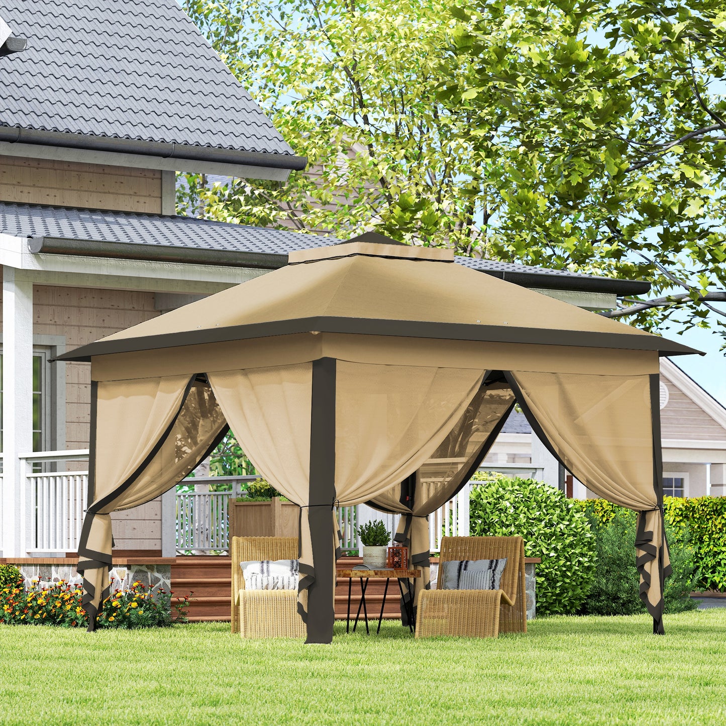 11' x 11' Pop Up Gazebo, Double Roof Foldable Height Adjustable Canopy Tent with Mesh Sidewalls, Carrying Bag, Beige