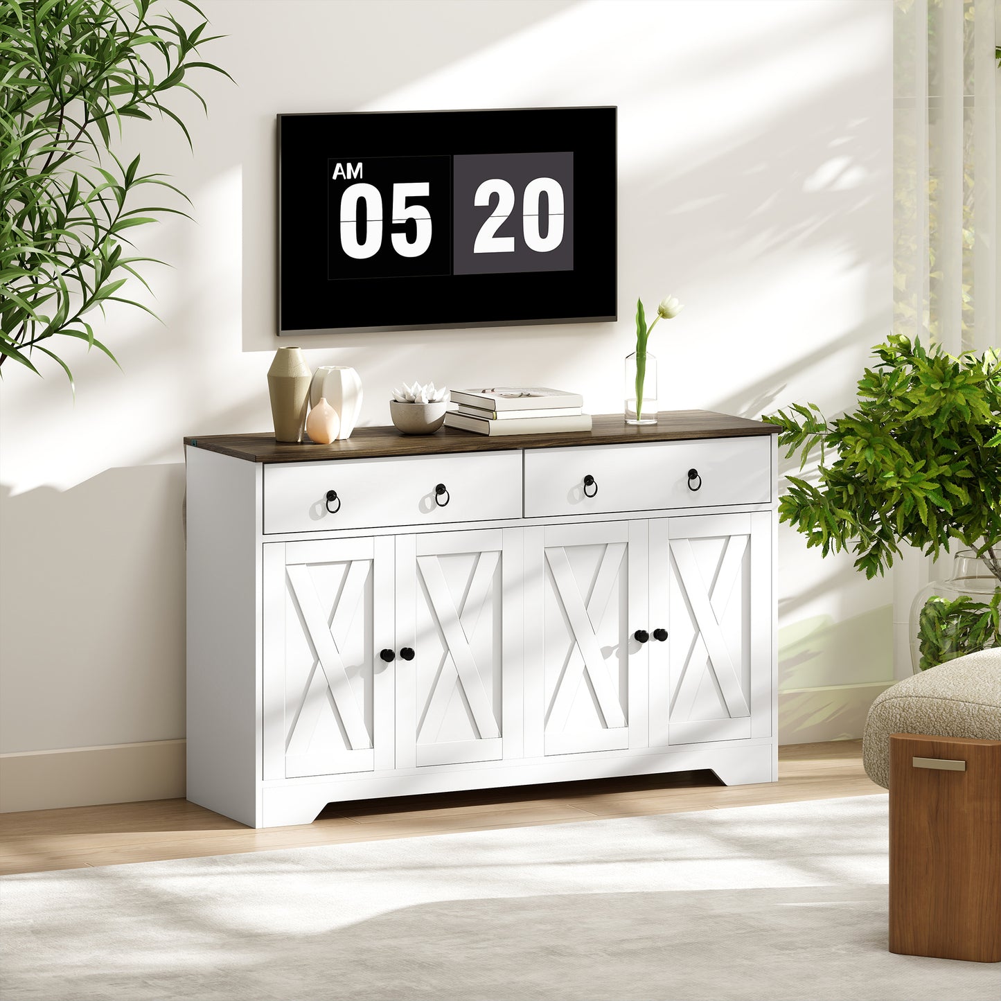 Kitchen Sideboard Cabinet with 2 Drawers, 4 Barn Doors and 2 Adjustable Shelves, Buffet Table for Living Room, White