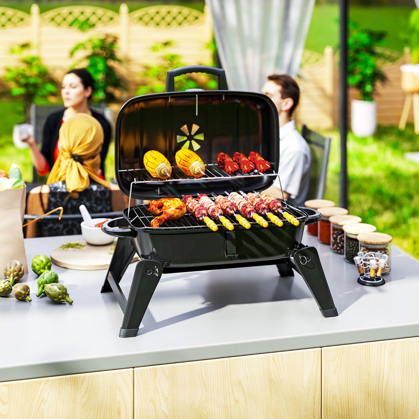 Charcoal BBQ Grill, Foldable Barbecue Grill with Warming Rack, Adjustable Vent, Thermometer, Handles, Black