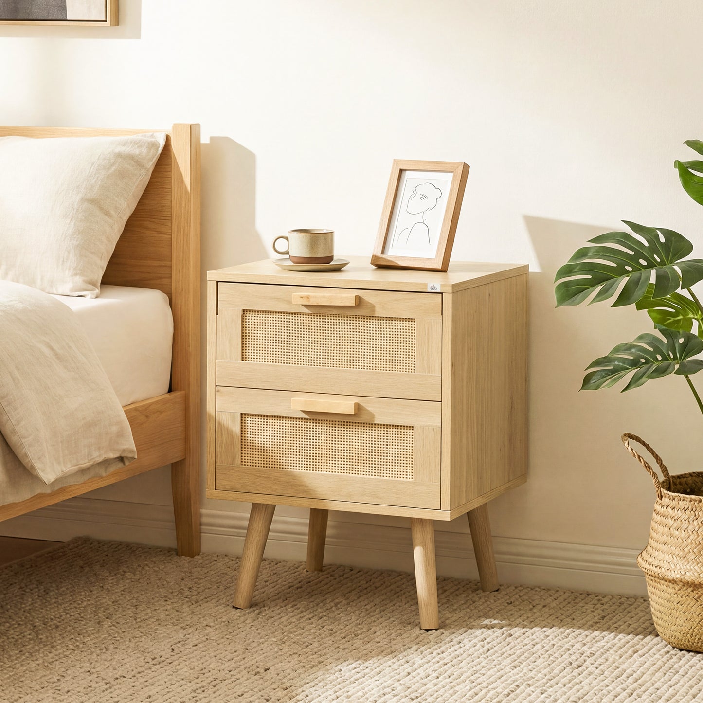 Boho Design Nightstand Set of 2, Side End Table with 2 Drawers for Living Room, Bedroom