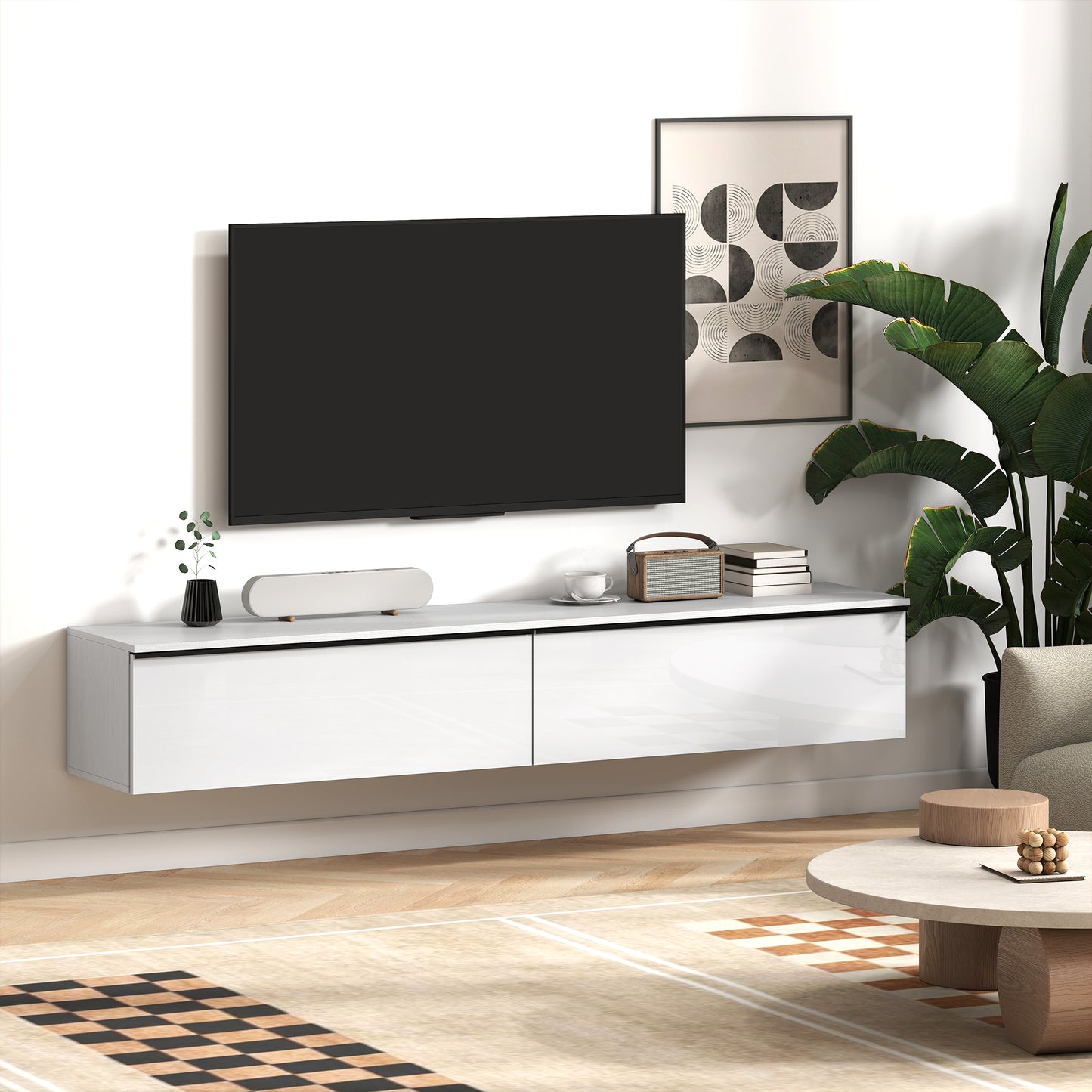 Wall Mounted TV Stand, Floating TV Cabinet with Storage, for TVs up to 80", High Gloss Effect, White