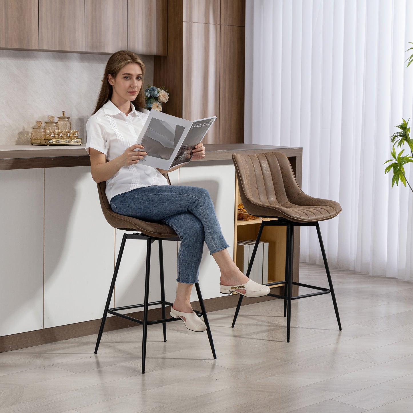 Set of 2 Counter Height Barstools, PU Leather Upholstered Bar Stools with Backrest, Footrest and Steel Legs, Brown