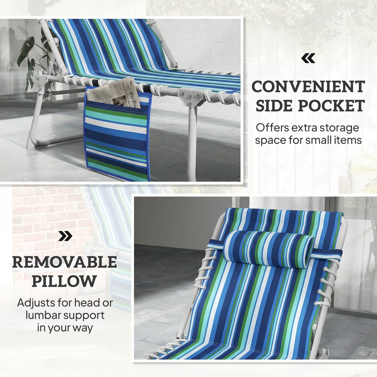Tanning Chair with Face Hole and Side Table, Folding Outdoor Lounge Chair with Carry Straps, Side Pocket, Blue Stripe