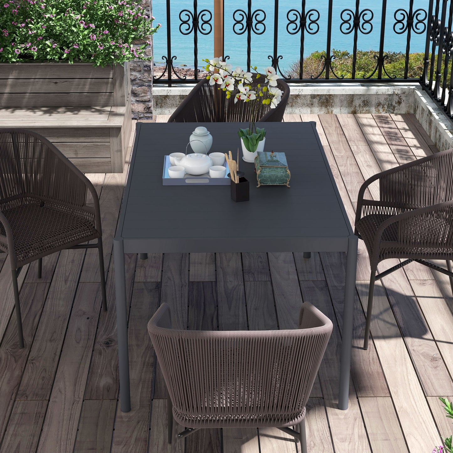 Outdoor Dining Table w/ Aluminium Frame, Garden Table, 57", Dark Grey