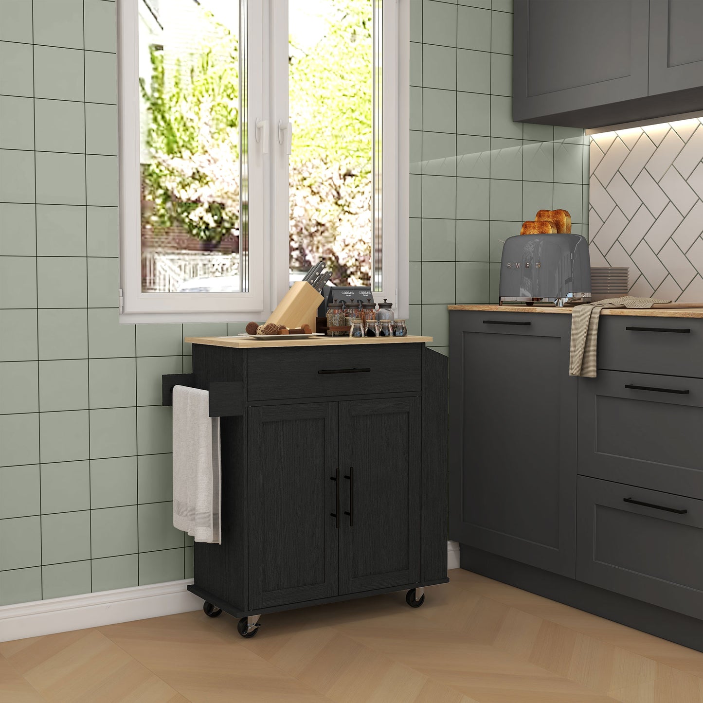 Rolling Island with Wheels for Kitchen, Kitchen Island on Rollers with Power Outlets, Drawer and Doors