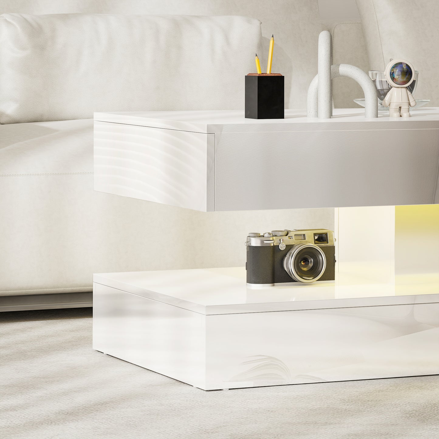 Coffee Table with Adjustable LED Lights, Modern Living Room Table with 2 Drawers, Open Shelf, Remote, High Gloss White