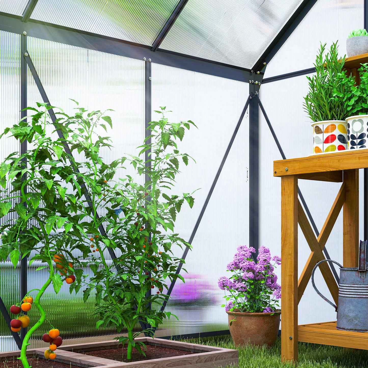 6' x 6' x 6.5' Polycarbonate Greenhouse, Walk-in Green House with Adjustable Roof Vent Galvanized Base Sliding Door Rain Gutter for Outdoor Garden Backyard, Grey