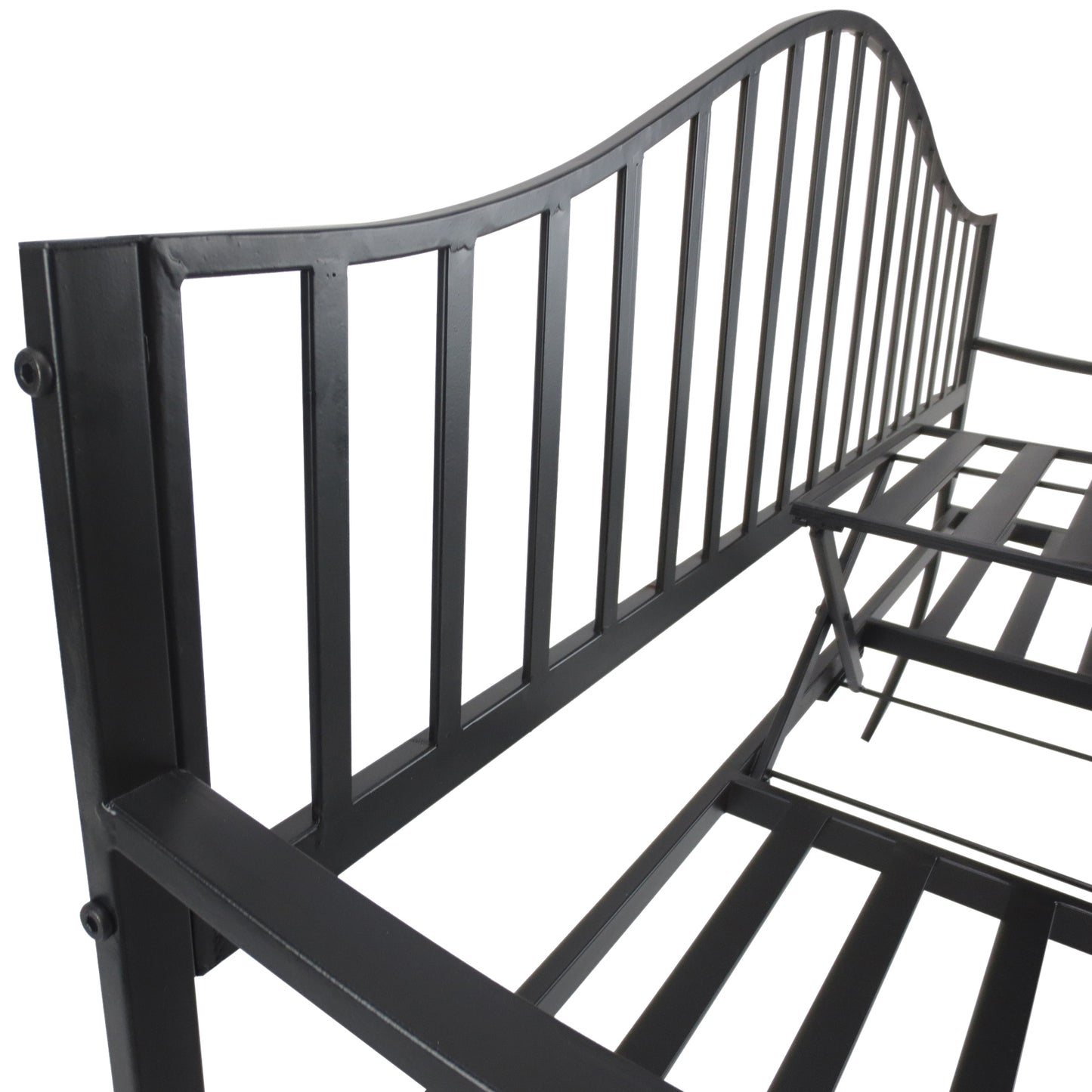 Outdoor Bench with Retractable Middle Table, Metal Frame Patio Loveseat with Slatted Seat and Backrest, Curved Armrests, Black