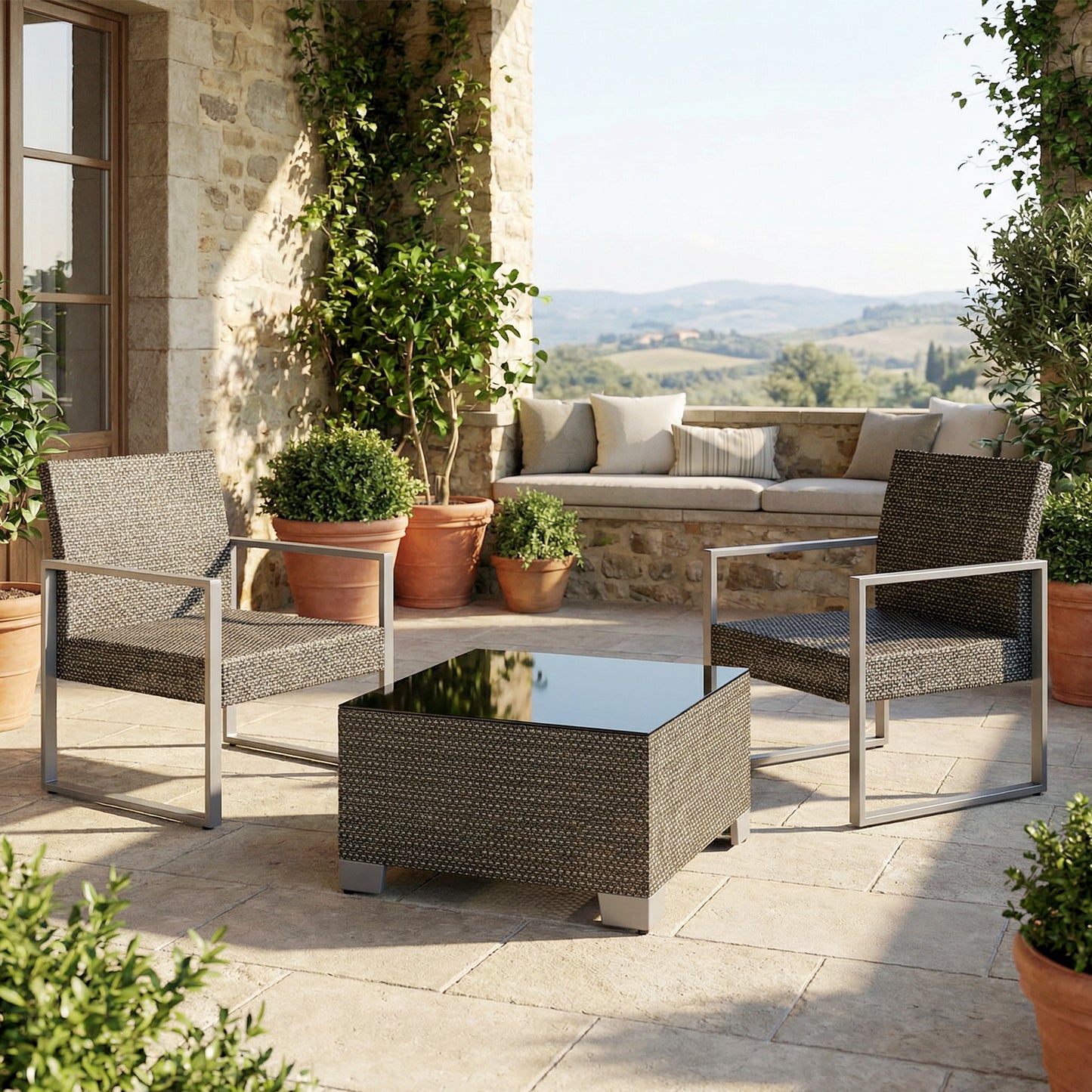 21.7" Square Patio Table, Small Outdoor Patio Coffee Side End Table with Tempered Glass Top, Black