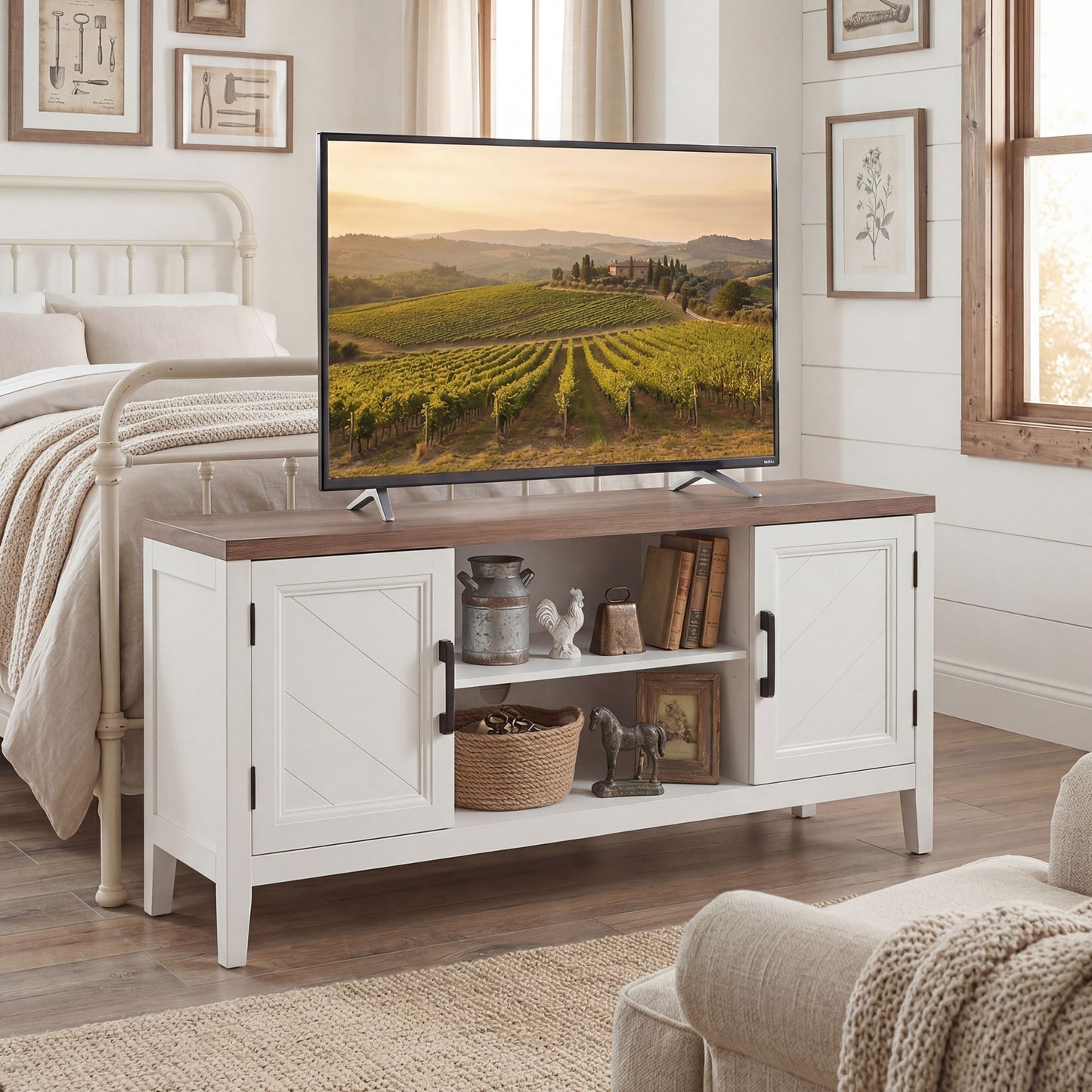 TV Stand for TVs up to 55 Inch, Entertainment Center with 2 Open Shelves, 2 Cabinets, Thick Top, White and Brown