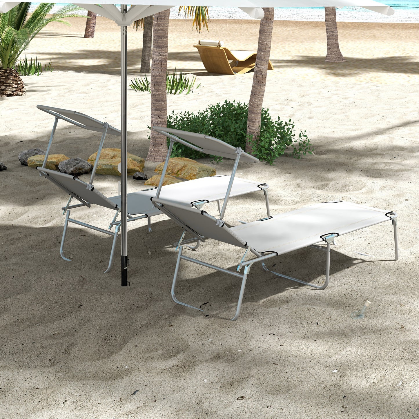 2Pcs Outdoor Lounge Chair, Adjustable Folding Chaise Lounge with Sun Shade for Beach, Camping, Hiking, Light Grey