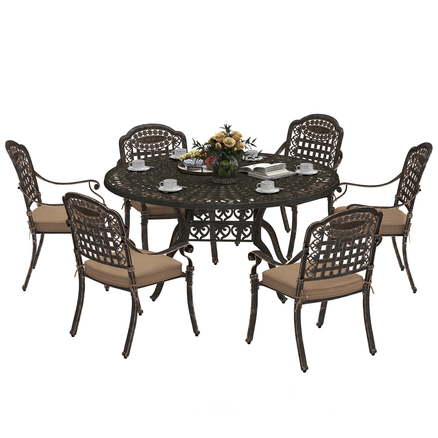 7 Pieces Outdoor Dining Set for 6, Aluminum Patio Table and Chairs Furniture Set with Umbrella Hole, Cushions, Bronze
