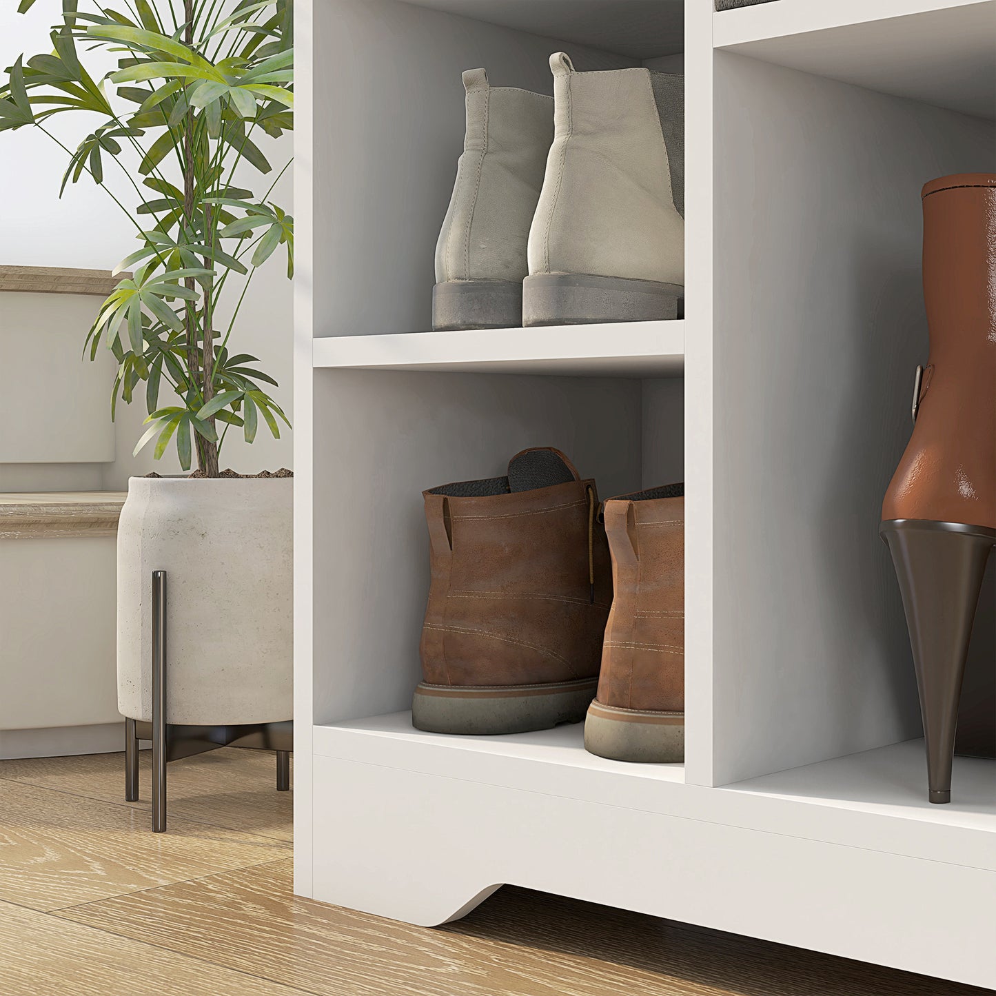 Upholstered Shoe Storage Bench w/ Seat, Entrance Bench w/ Drawer and 6 Open Shelves for Hallway, White