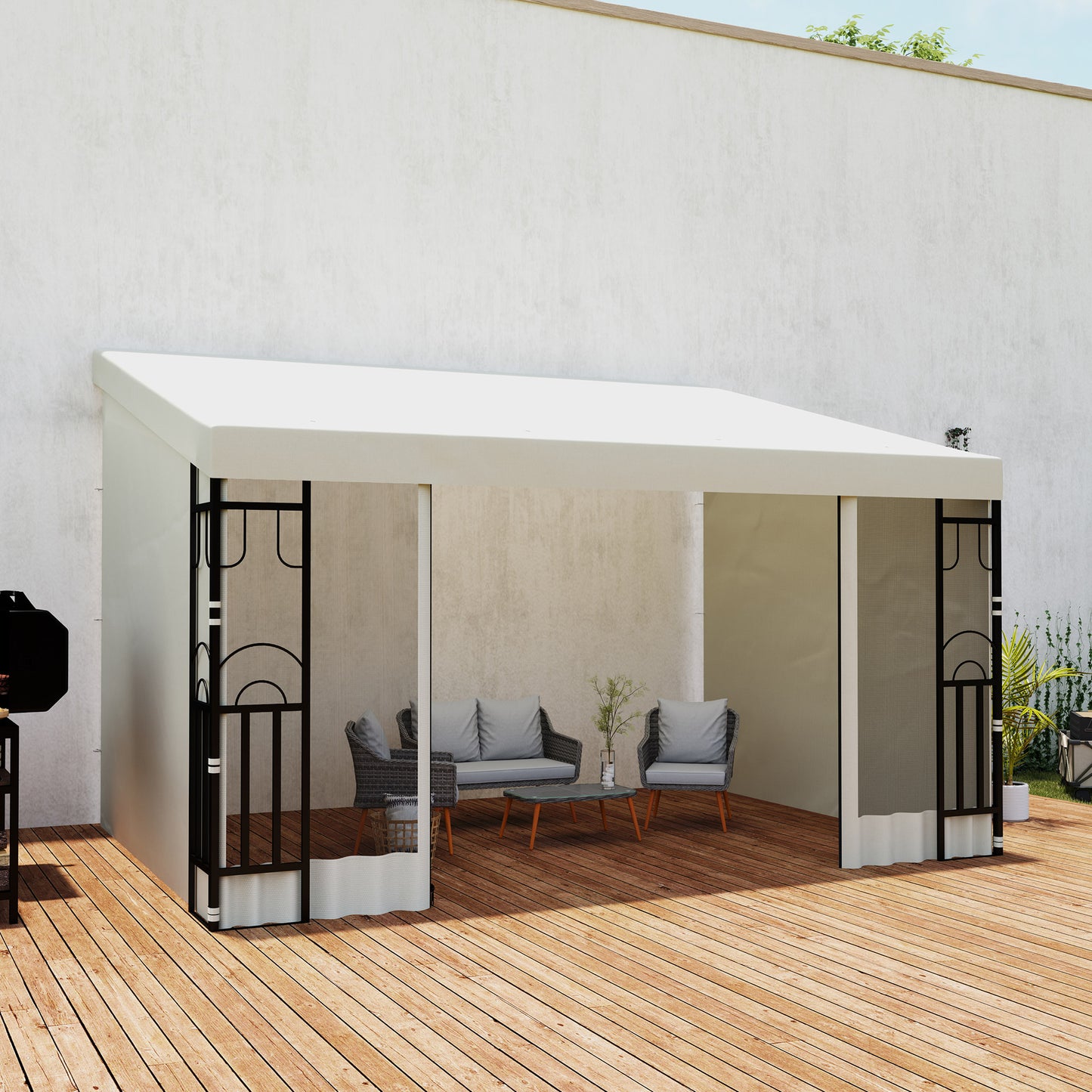 10' x 13' Wall Pergola, Outdoor Gazebo with 2 Curtains and 2 Nettings, UV Resistant, for Patio, Deck, Beige