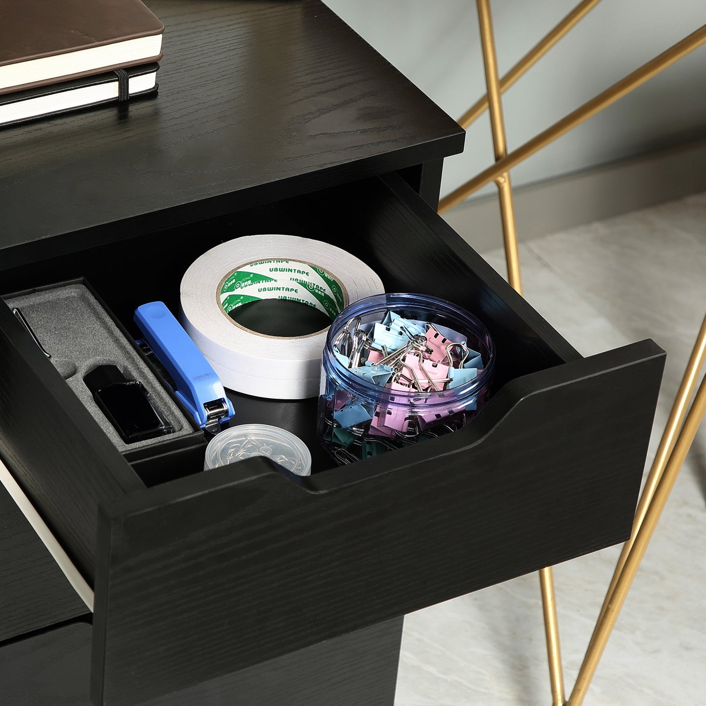 Vertical Filing Cabinet, 3 Drawer Mobile File Cabinet, Under Desk Office Storage Cabinet with Wheels, Black Wood Grain