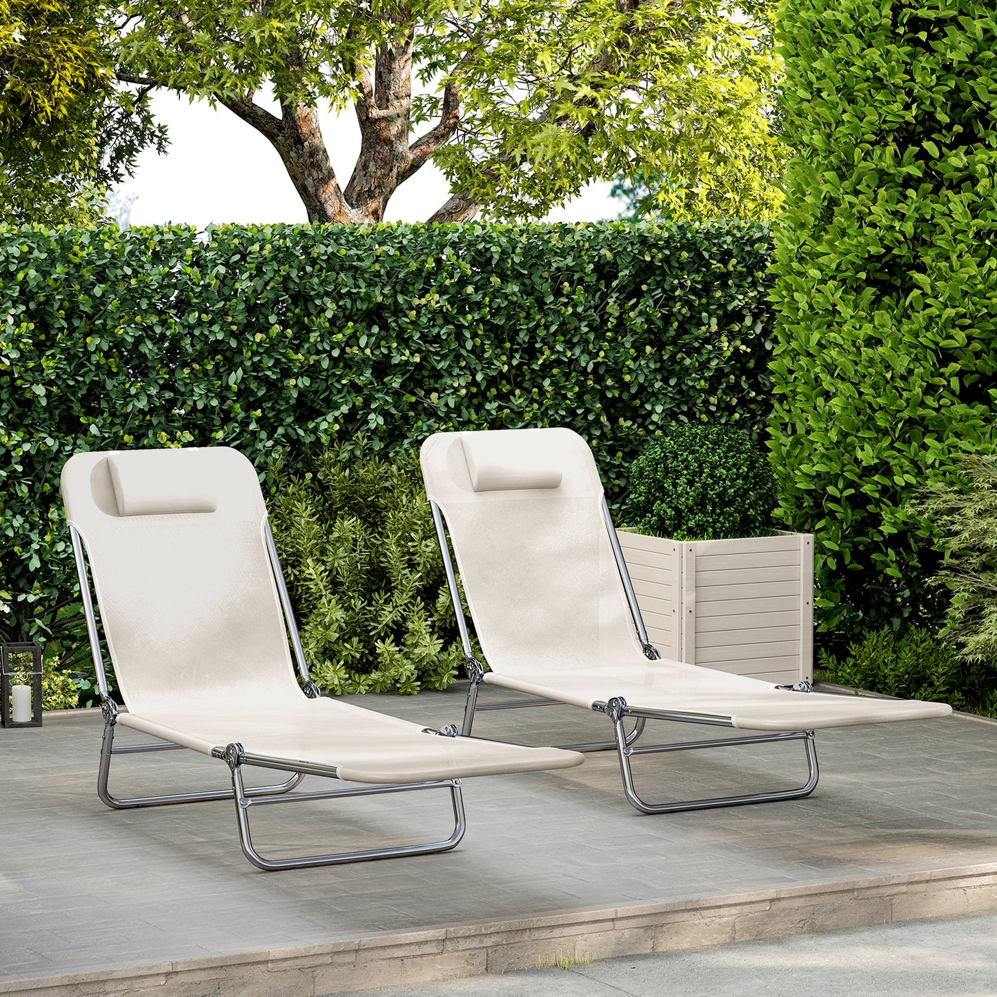 Set of 2 Folding Chaise Lounge Chairs, Outdoor Poolside Sun Tanning Chairs w/ Pillow, Reclining Backrest, Cream White