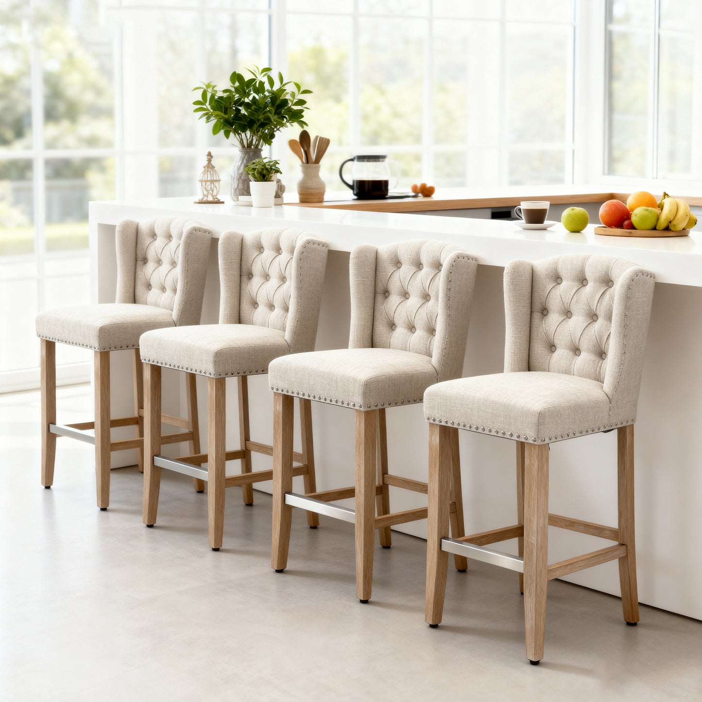 Counter Height Bar Stools Set of 2, Upholstered Bar Chairs with Nailhead Backrest and Footrest, Modern Barstools for Kitchen, Dining Room, Beige